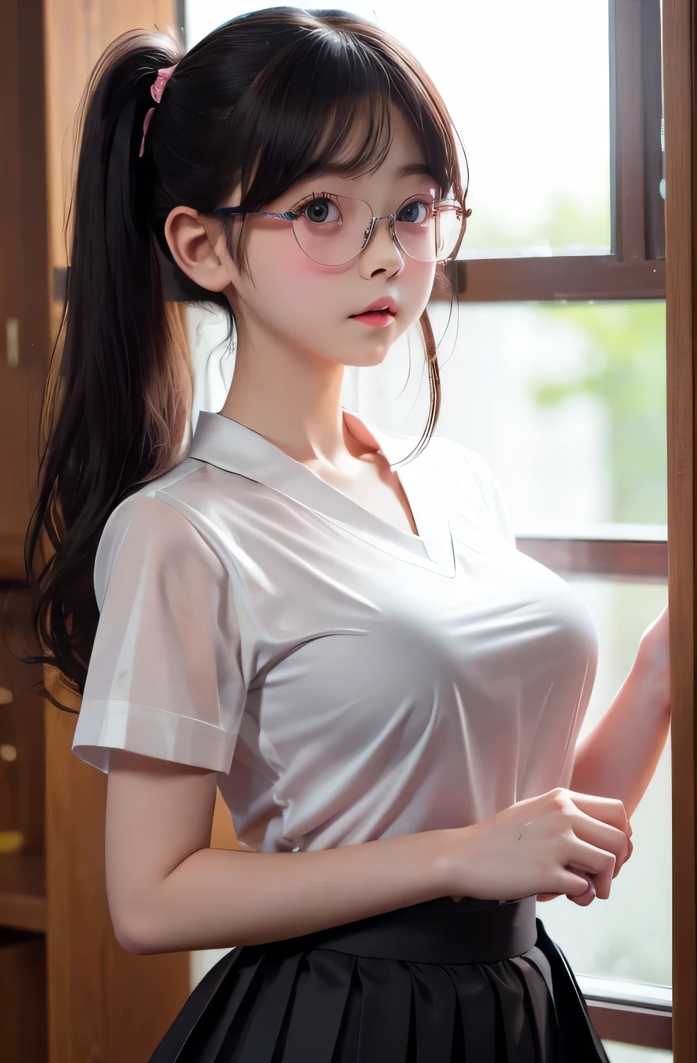High resolution, Highest quality,  super high quality, Very detailed, 8K、underwear、、Embarrassing、Sweaty、Sweat、Embarrassing、(masterpiece:1.2, Highest quality), (Realistic, photoRealistic:1.4), Beautiful illustrations, (Natural Side Lighting, Cinema Lighting), View your viewers, whole body, 1 Girl, Japanese, high school girl, Perfect Face, Cute and symmetrical face, Shiny skin, Baby Face, (short hair, Low twin tails,Black Hair), Hair between the eyes, black eye, Big eyes, Droopy eyes, (Center of chest, Captivating thighs, Big Ass)、(Glasses:1.2)、(whole body:1.2)