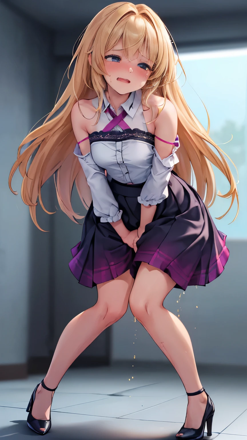1girl, (Angle from below)、((On the balcony)), The girl bends forward to show off her breasts、legs apart, (Blonde), (Tanned shiny black skin:1.4)、Glowing Eyes, ((evil grin)), (5 years old girl), Multicolored Hair、Cap, pink rip, ((((Long sleeveless shirt)), Black Bra、Sheer miniskirt、((Panties with horizontal stripes)), (small breasts), (jewelry))),  (close up breast:1.4), ((I'm wearing sneakers)), 