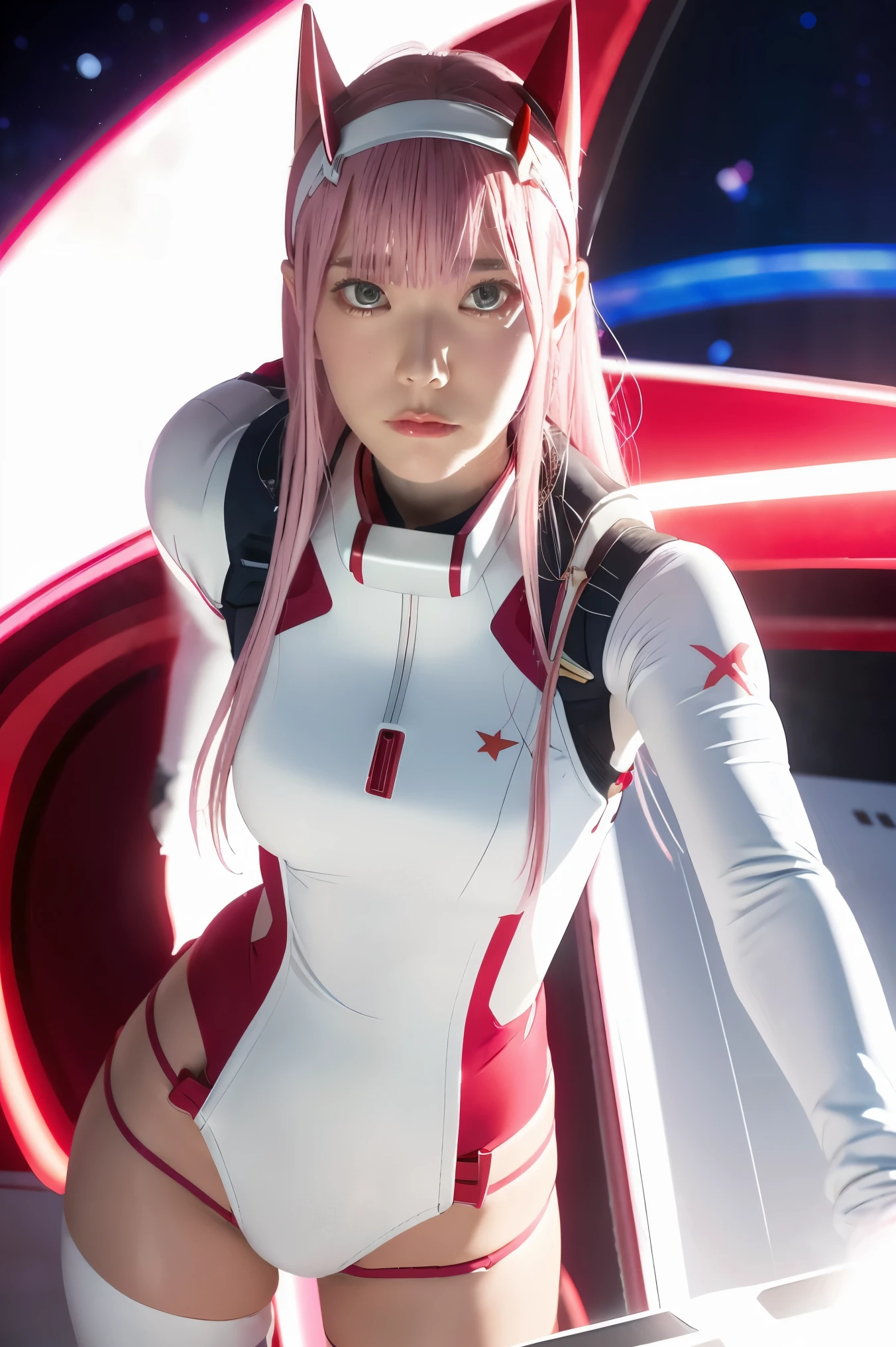 dynamic angle,ultra-detailed, illustration, straight on, 1girl, ((Zero two, interface headband with a pair of horns, red bodysuit:1.4, pink hair)), Her eyes shone like dreamy stars,(glowing eyes:1.233),(beautiful and detailed eyes:1.1),(expressionless, closed mouth),(standing), (mechanic room with tools and spaceship window in a white SPACESHIP), (night:1.2), dreamy, dynamic pose,