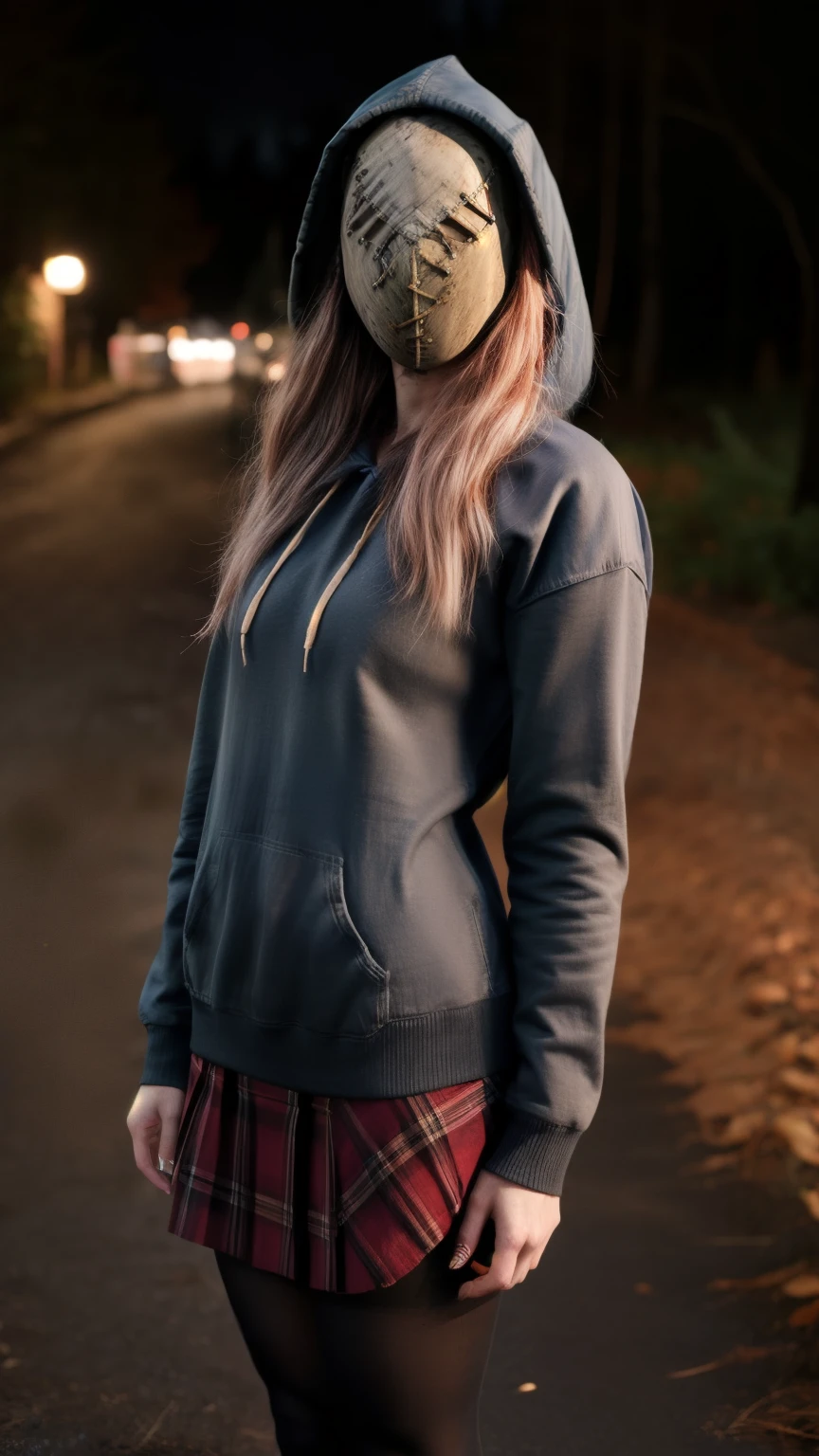 masterpiece, best quality, absurdities, perfect anatomy , 1 , alone, LegionSusie , Mask, Plaid skirt, pantyhose , hoodie, hood up, dark, forest, night, arms behind the back,