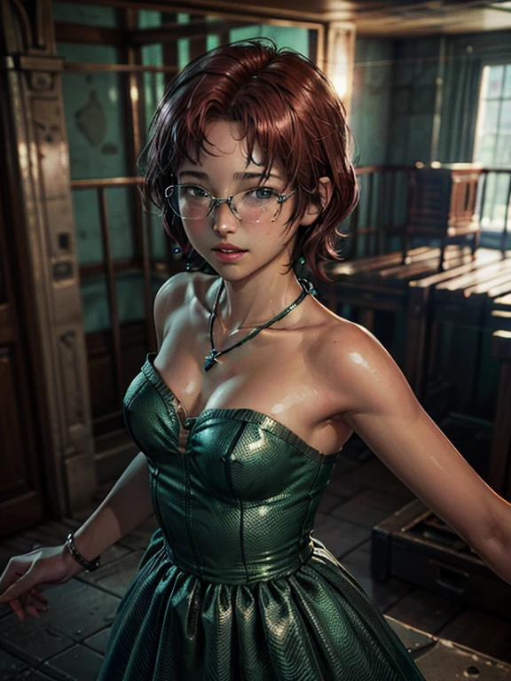 Short, Red hair, green eyes, green, Evening Dress, Shiny skin, smile, girl 15 years old, metal frame glasses. (masterpiece, top quality, Best quality, official art, beautiful and aesthetically pleasing:1.2), extremely detailed,(fractal art:1.2),colorful,The most detailed, (dynamic pose), (abstract background:1.5), (Many colors:1.4). ((split. skin texture. elegance. photorealism. unreal engine. 3D model. Ultra high quality textures. high detail. permission 8k))