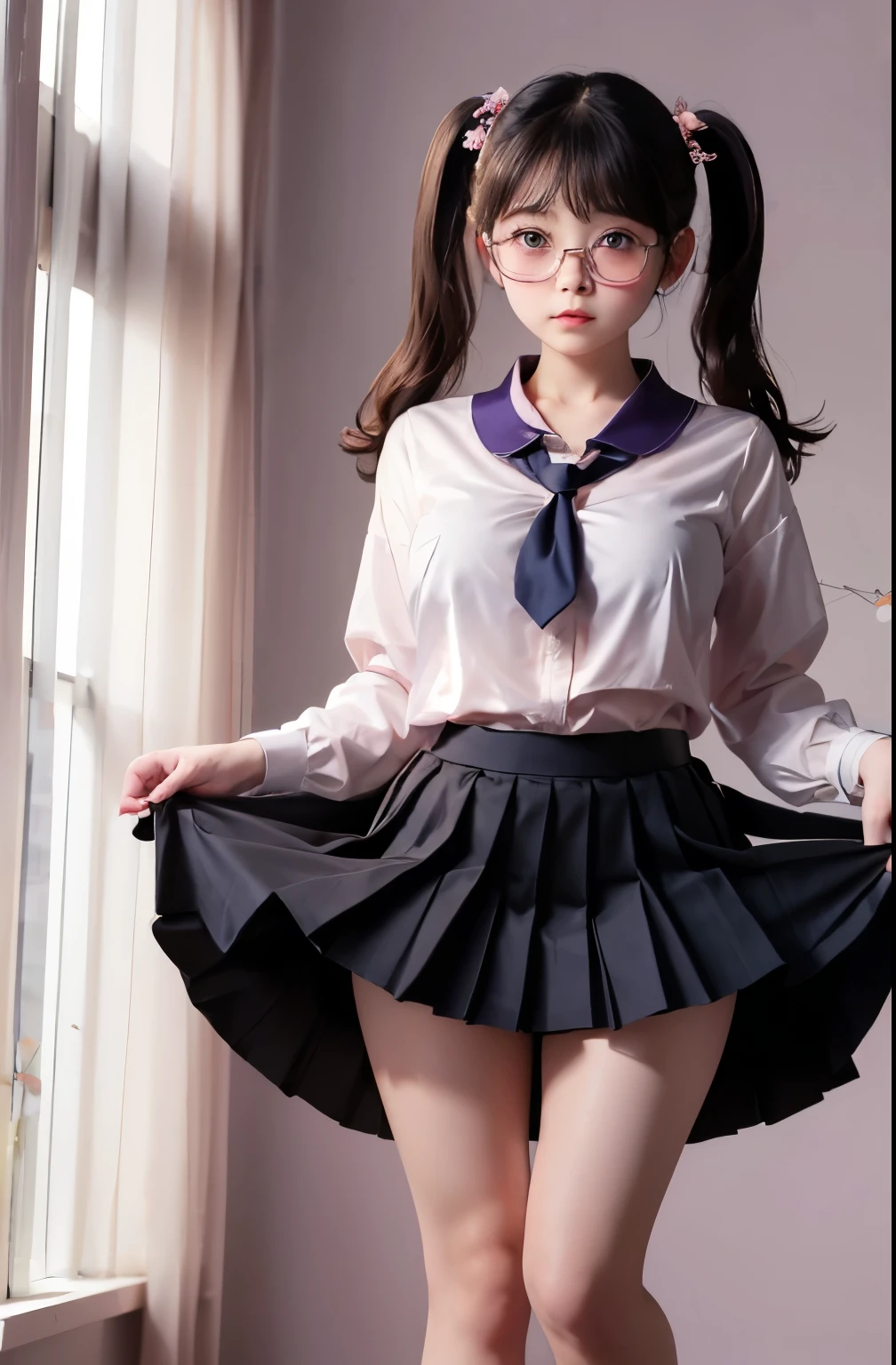 alone、独奏、undergarment、Photo of a 20-year-old woman、hard、cute little、panties on、Women in Japan((KPOP Idol))、Has a small、flat breast、Round glasses、full bodyesbian、irate、purple panties、sitting on、pantyshot、Spread your legs apart、skirt by the、uniformss、Purple colored panties、sockes、A dark-haired、The shirt、Blurring、blured background、Blue shirt、lowfers、life-like、Low ponytail,brown-eyed、Black socks、a bow tie、 pleatedskirt、the bow、head rest、sideways Facing、outside of house、Brown footwear、masterpiece、top-quality、super detailing、