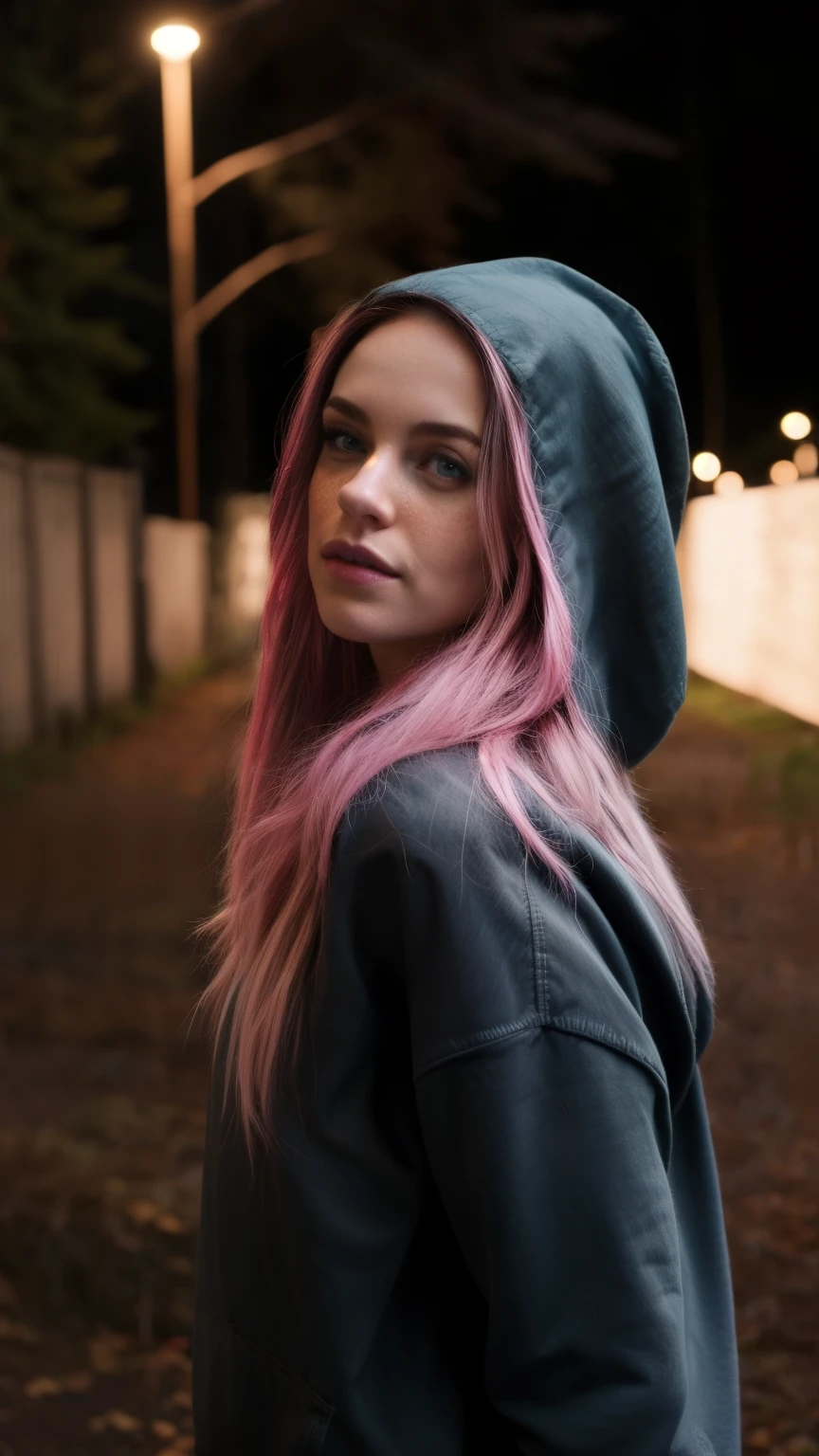 masterpiece, best quality, absurdities, perfect anatomy , 1 , alone, LegionSusie , freckles, pink hair, hoodie, hood up, dark, forest, night, arms behind the back,