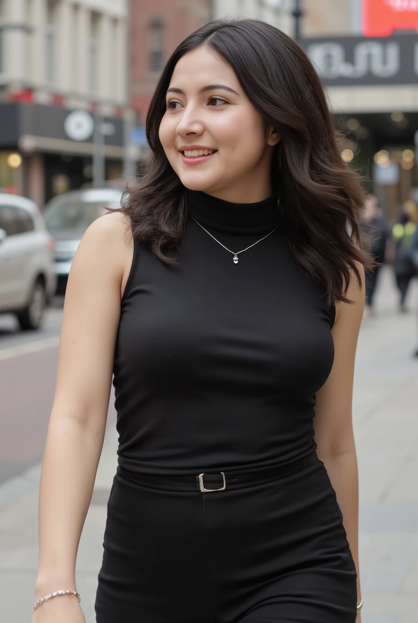 (masterpiece, best quality), beautiful chinese woman, detailed sleeveless black turtleneck top, These strong, confident women have medium to plus size bodies, large chests, large hips, forward breast. Attractive and curvy Eastern European chubby and curvy women, mini pants, necklace, long wavy hair, perfect face, beautiful face, alluring, big gorgeous eyes, open mouth, happy, perfect slim fit body, (outdoor), city streets, new york, bright colors
