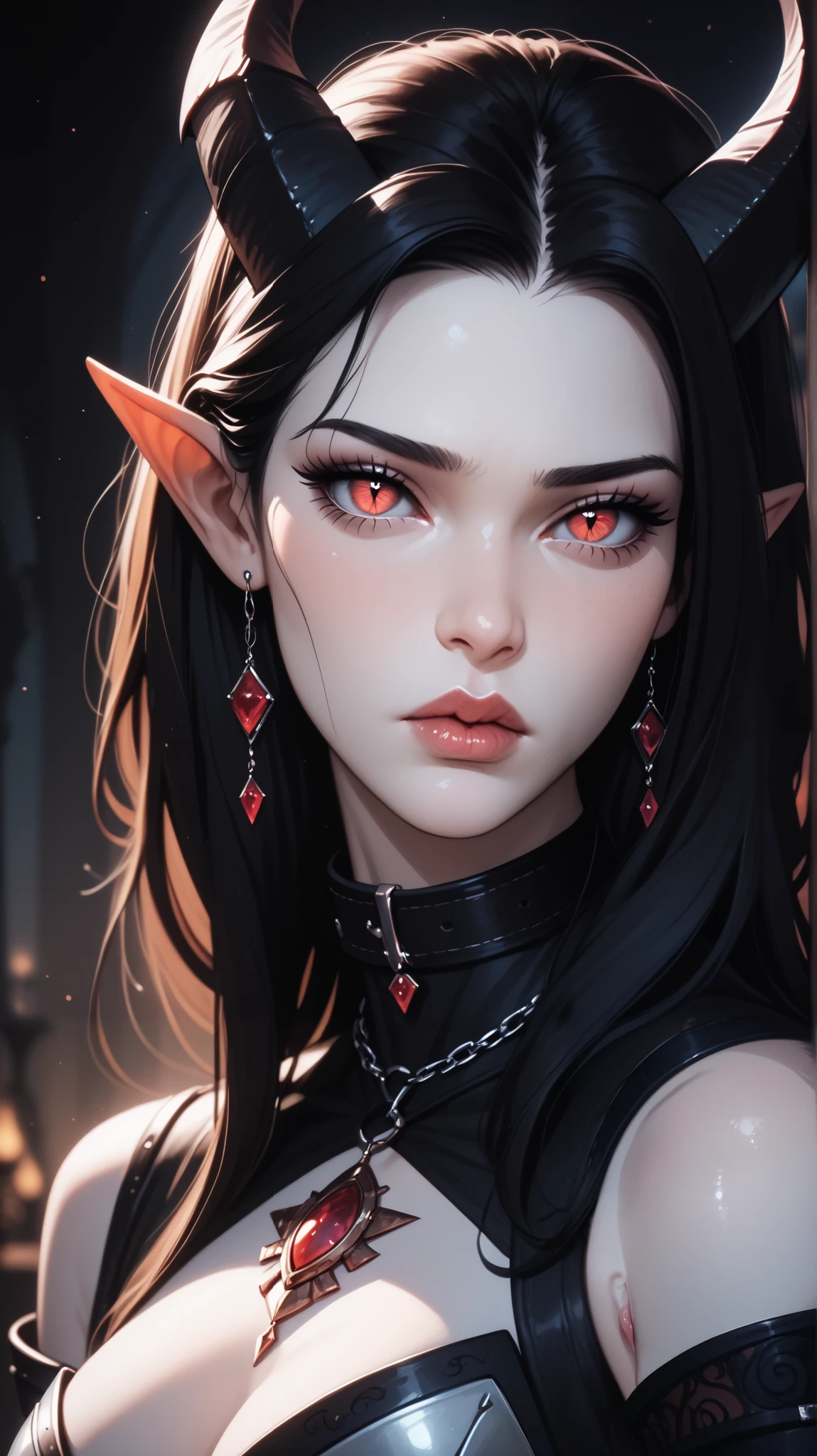 score_9, score_8_ upwards, score_7_ upwards, score_6_ upwards, score_5_ upwards, ((( beautiful , high quality))), sadness, looks towards , portrait, score_9, score_8_ upwards, score_7_ upwards, black sclera , slit p upwardsils, tiefling, spider eyes , white skin, black hair, armor, dark background , blurred background, Gothic, posing, at night, sadness, realistic natural light , big , beautiful detailed lips , long lashes , good anatomy, seductive look, big thick black horns, black clothes, collar, dark fantasy, 8 k, photorealistic