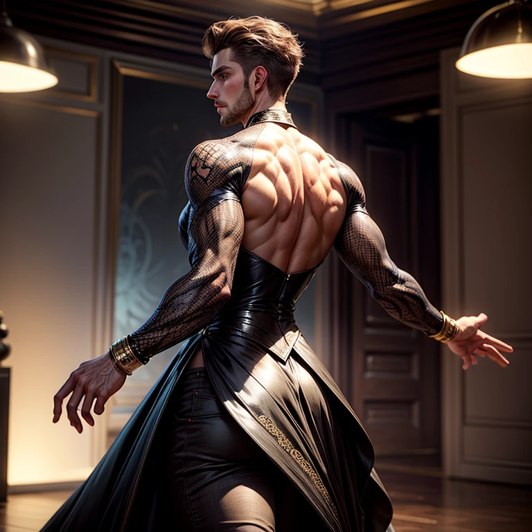 Male dancer, pirouette, long legs, dancing in the rain, extremely muscular male character, open jacket