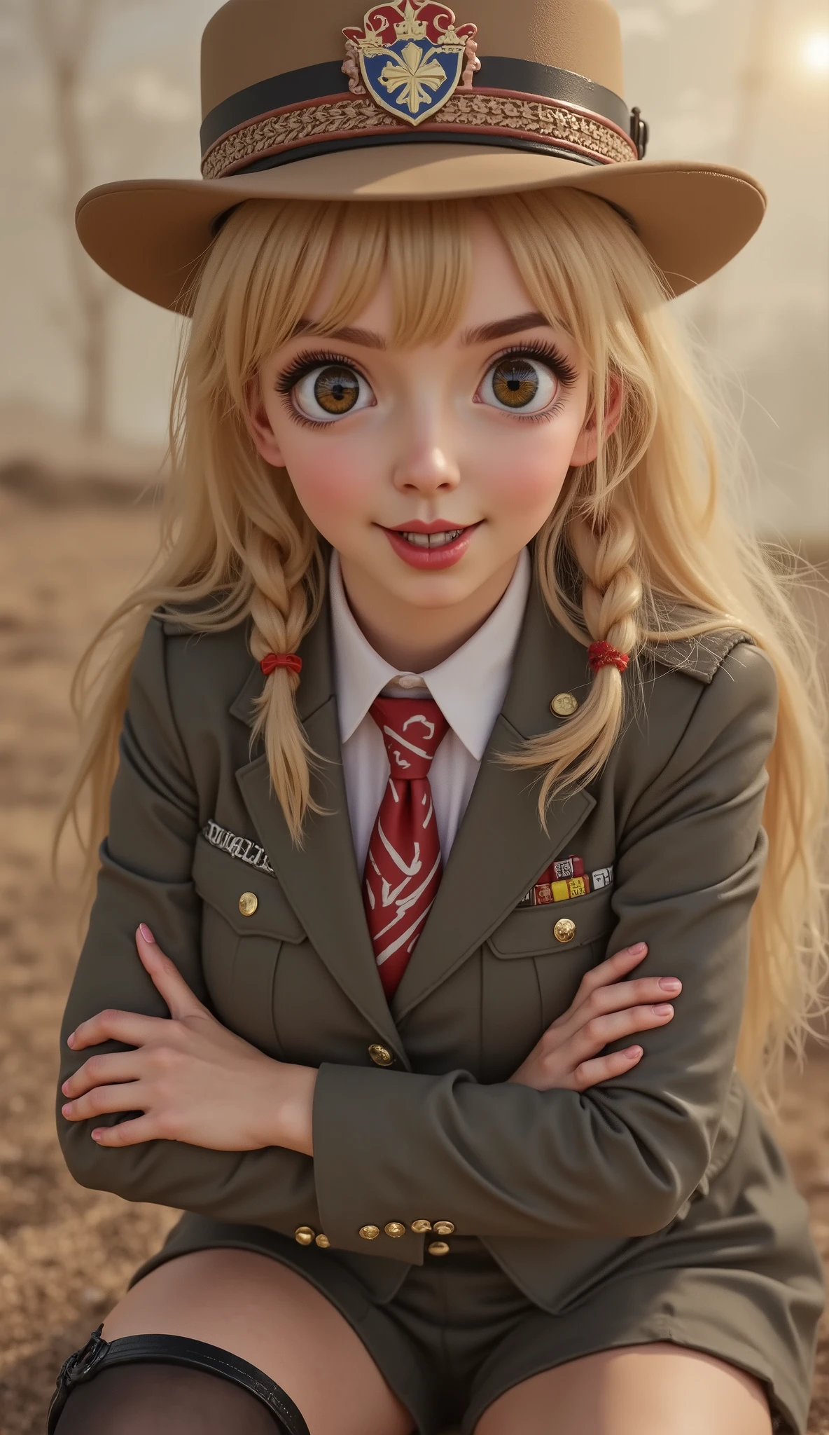realistic photo, (masterpiece, best quality:1.2), cowboy shot, solo, 1girl, alicia melchiott, smile, looking at viewer, crossed arms, twintails, headdress, military uniform, necktie, thighhighs
