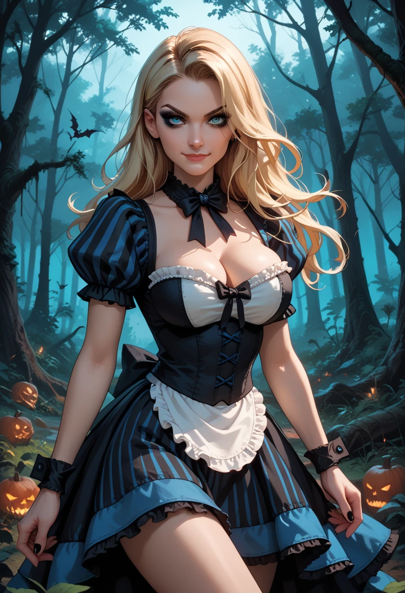A beautiful girl with long blonde hair in a ponytail, wearing a gray and brown stockings, a healing rhythm dress with puff sleeves, a white choker, heart earrings, and a bow. She has extremely detailed and fine features, including beautiful eyes, nose, and lips. Her pose is sexy and alluring, with large breasts and thick legs. The scene is set in the border of a forest, with high quality, ultra-detailed, realistic, and photorealistic rendering, vivid colors, and studio lighting.