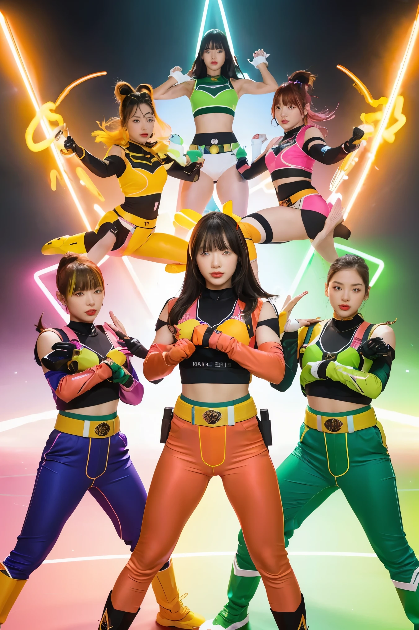 A brave and daring image of a six-man Ranger team。Each one is decorated in the following vibrant colors:: Neon Pink、Sunset Orange、Fire Truck Red、Plasma Violet、Fluorescent Green、Shocking Yellow。 Dynamic poses express the background that exudes energy and courage。 It embodies the essence of the classic Sentai hero team.。 The costumes of each ranger are sleek and modern.、Each color has elements that reflect its theme.、You can act now。 ((camel toe))