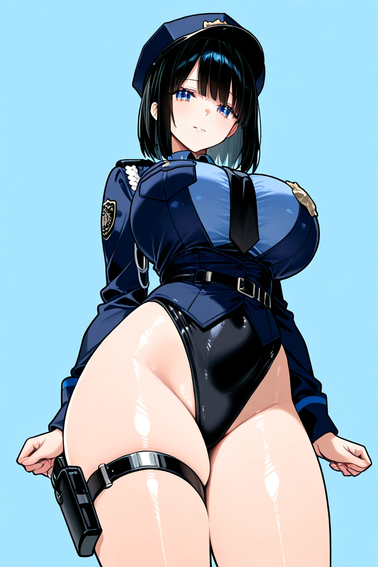 realistic, masterpiece, highest quality, perfect anatomy, (fine eyes), female police officer, huge breasts, Sweat, outdoor, ((navy blue sci-fi leotard、navy blue protector、white knee socks、black boots)), yellow eyes、bob cut、police hat、black hair ,  ((blush))、((wide hips)),:d、 closed one eye、Left hand on hip、((((embarrassing)))), city、Rear view、fuck from behind、back