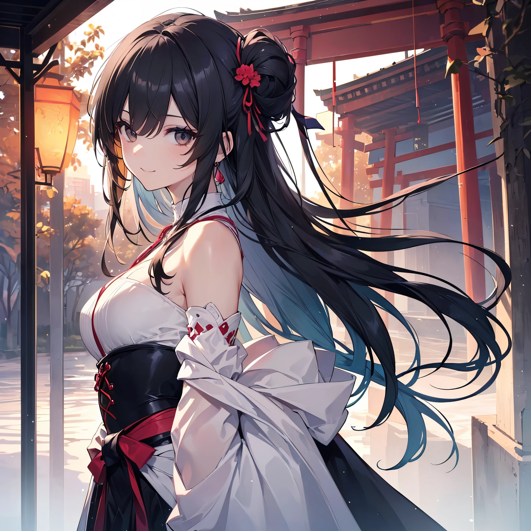 one beautiful woman、((highest quality、8K masterpiece:1.3))、sharp focus:1.2、(super beautiful face:1.0)、(shiny skin:1.0)、realistic pictures、black hair、video writing、High resolution eyes and face、video writing、japanese actress、from the front、Medium chest、shy smile、The beauty of slender abs、whole body、kimono、 obiAt the shrine