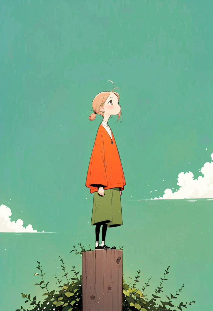 style of santiago caruso，In the style of Alessandro Gottardo【Flat coating】- ((best quality)), illustration, Ewa Poklewska-Koziełło in style of Mike Azevedo，Cartoon graffiti ， standing on a wooden stake looking into the distance，White Cloud，Fear of heights，whole body, Solid color background