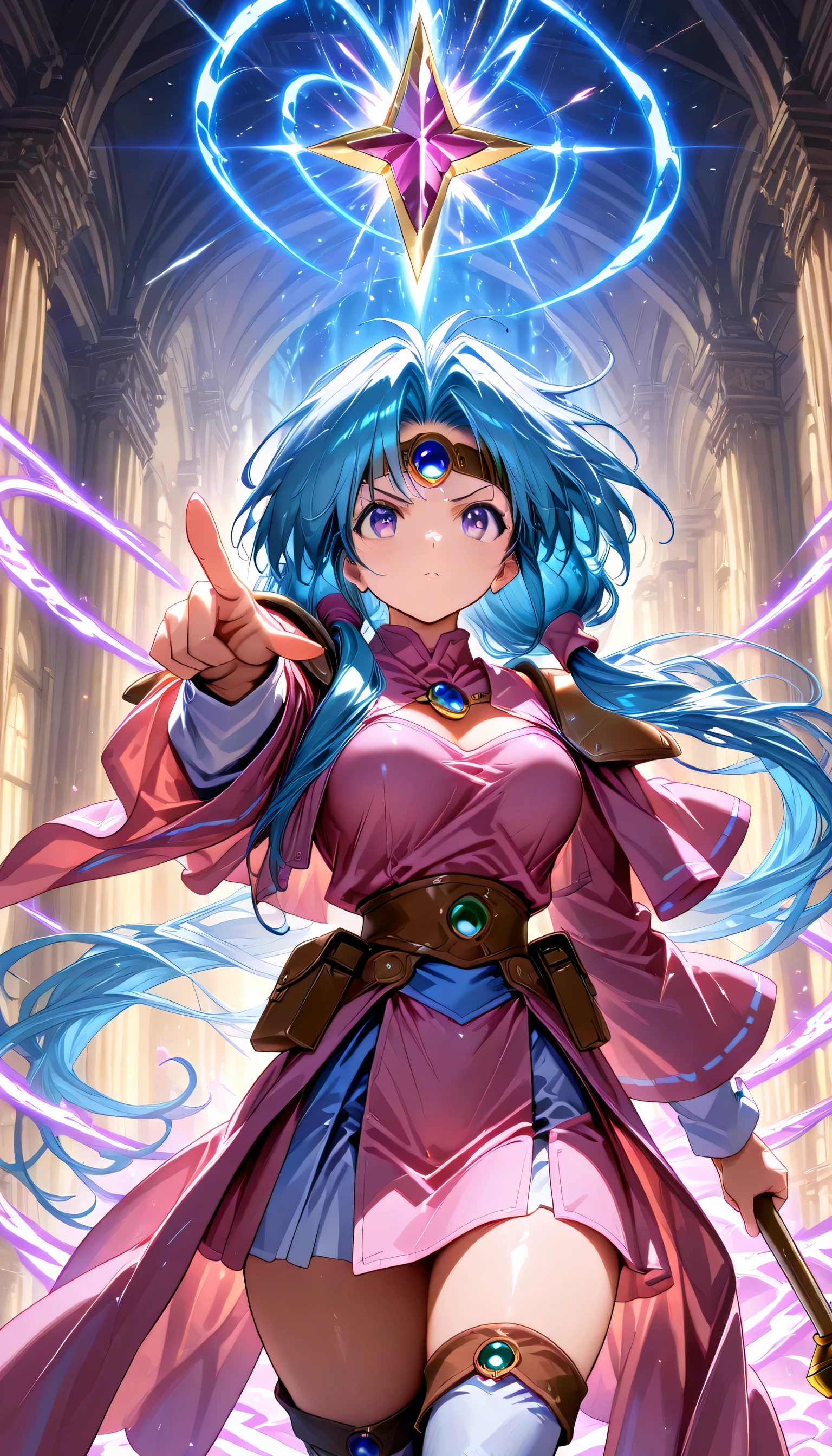 masterpiece, best quality, cowboy shot, 1girl ,Paffy Pafuricia ,\(haou taikei ryuu knight \), blue hair, (( Magic Girl )) Fluttering Skirt 、
( best quality , masterpiece:1.2), 1 girl, flowing hair , Beautifully detailed thunderstorm , gem-wearing staff、( Kamehameha Fighting Poses)