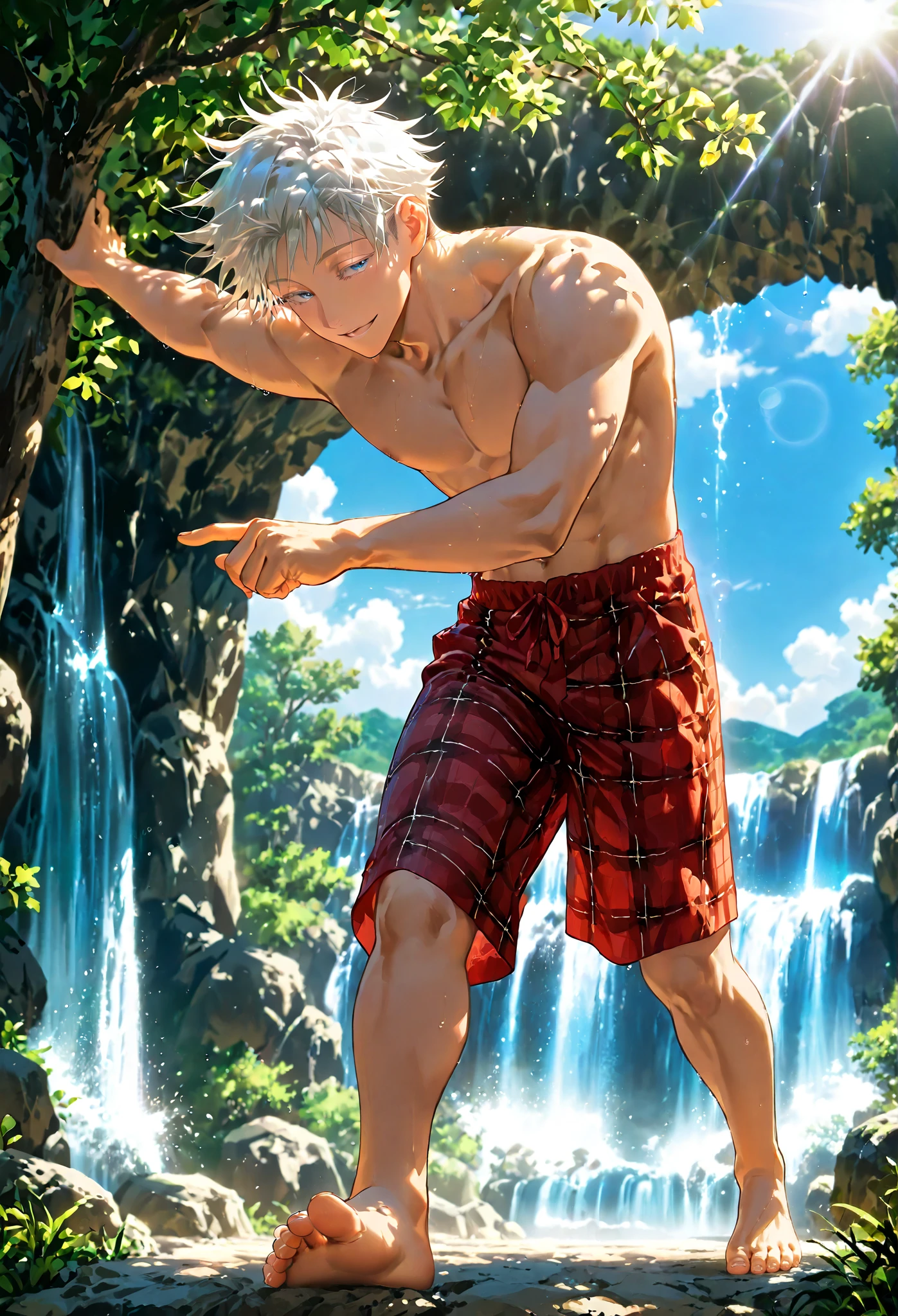 masterpiece, best quality, anime screencap, anime coloring, official style, , 1boy, solo, male focus, gojo_satoru_jujutsu_kaisen,(open eyes) white hair, blue eyes, beautiful eyes, detailed eyes, short hair, shirtless, Summer shorts, panorama, full body, sunlight, outdoors, summer, pointing, half-closed eyes, smile, Crimson Tartan Linen Plaid golf pants, shorts , bare foot, waterfall behind him, sunlight falling on him