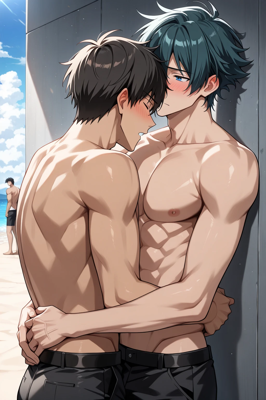 high quality, detailed, Realistic, (two  japanese boys), (detailed black eyes), (abs:1.5), (shiny skin), detailed nipples, black hair, (black tiny thong), (erected bulge), summer noon, (smile:0.7), close up face, laying, kissing,