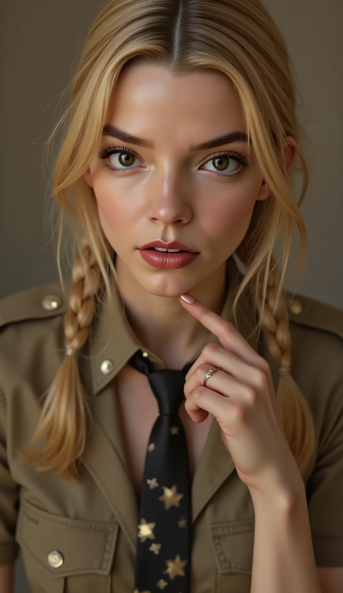 quality & silent:
( 8K Ultra HD, photorealistic, masterful lighting , cinematic lighting, ultra-detailed eyes , Lips & hair, razor sharp, flawless skin, dramatic light & shadow contrasts ).
🎭 Scene & background:
Neutraler Studio- background – sanftes Bokeh oder monochrome Farbverläufe für stilvolle Eleganz.
} Different lighting — high-key for fresh radiance , low-key for a mysterious , dramatic atmosphere .
👩 Figure & Styling:
female model inspired by Alicia Melchiott & Anya Taylor-Joy.
Seductive cowboy military look — stylized military uniform with short sleeves , figure-hugging cut , fine fabrics with fine details .
Headdress & Twintails – sanft fallende hair mit akkuratem Styling.
necktie & Thighhighs – betont die schlanke Figure und setzt verführerische Akzente.
📷 Pose & Facial expressions:
image section : head down to chest (Cowboy Shot).
different viewing angles : Straight into the camera , over your shoulder , slight head tilt with intense charisma .
Variierende Facial expressions: Confident smile, playful look, gentle seduction .
Dynamische Pose: crossed arms accentuate the posture , Hands light on neck or tie for a sensual touch .
✨ A top-class , professionelles Shooting mit Military-Erotik & stylish elegance . ✨