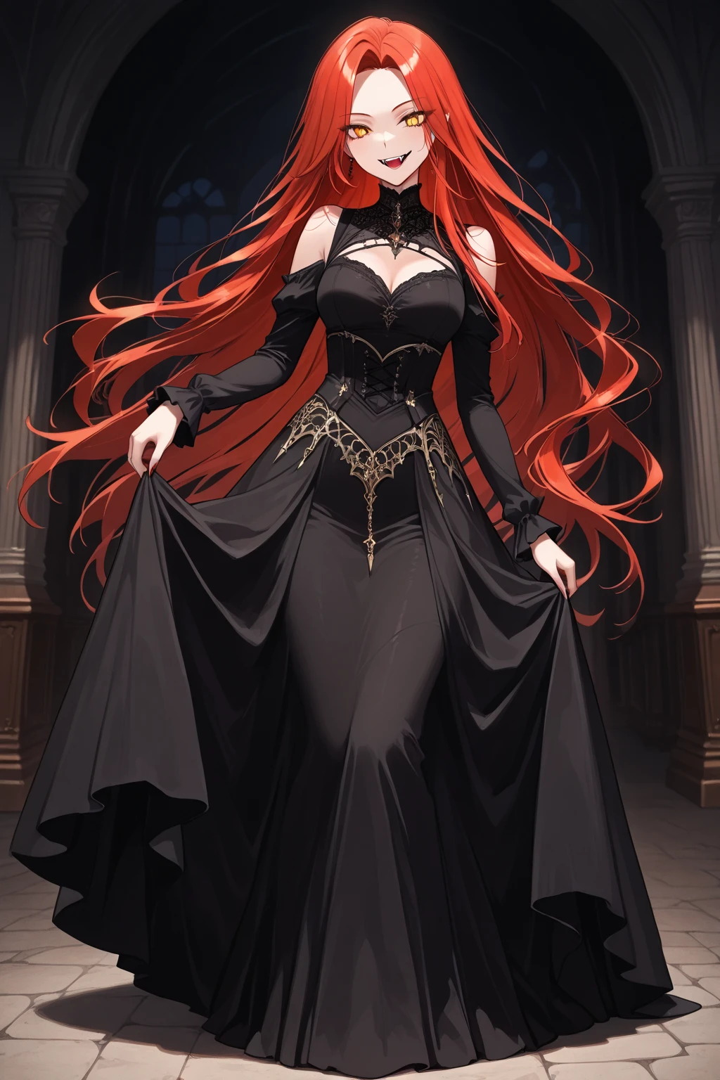 ((Red-haired girl in a dress wrapped in chains)), ((wearing a noble robe)), full body black and red longcoatu, Anime full body illustration, Anime Full Body Model, ((full body black and red longcoat)), Anime full body illustration