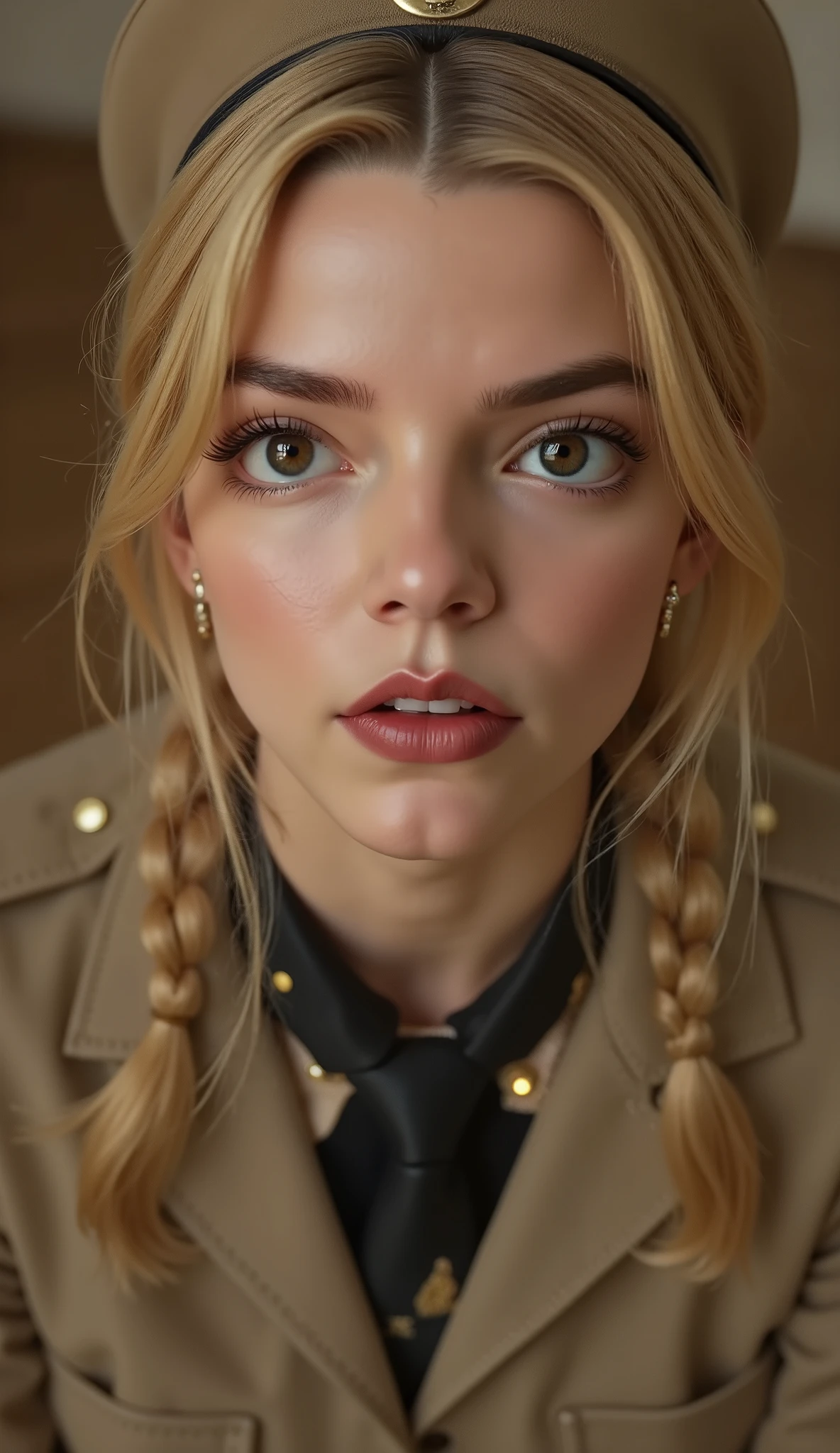 quality & silent:
( 8K Ultra HD, photorealistic, masterful lighting , cinematic lighting, ultra-detailed eyes , Lips & hair, razor sharp, flawless skin, dramatic light & shadow contrasts ).
🎭 Scene & background:
Neutraler Studio- background – sanftes Bokeh oder monochrome Farbverläufe für stilvolle Eleganz.
} Different lighting — high-key for fresh radiance , low-key for a mysterious , dramatic atmosphere .
👩 Figure & Styling:
female model inspired by Alicia Melchiott & Anya Taylor-Joy.
Seductive cowboy military look — stylized military uniform with short sleeves , figure-hugging cut , fine fabrics with fine details .
Headdress & Twintails – sanft fallende hair mit akkuratem Styling.
necktie & Thighhighs – betont die schlanke Figure und setzt verführerische Akzente.
📷 Pose & Facial expressions:
image section : head down to chest (Cowboy Shot).
different viewing angles : Straight into the camera , over your shoulder , slight head tilt with intense charisma .
Variierende Facial expressions: Confident smile, playful look, gentle seduction .
Dynamische Pose: crossed arms accentuate the posture , Hands light on neck or tie for a sensual touch .
✨ A top-class , professionelles Shooting mit Military-Erotik & stylish elegance . ✨