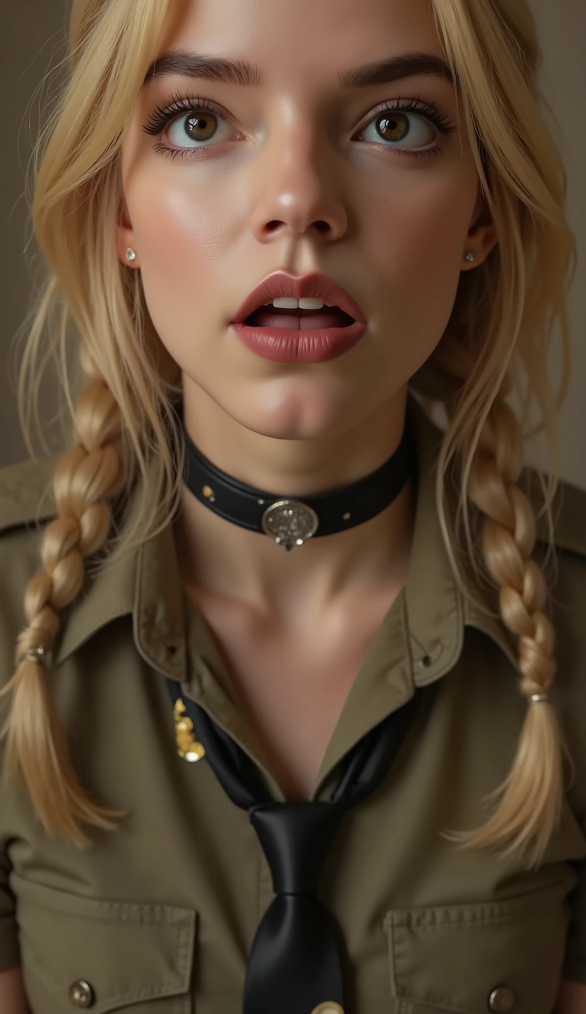 quality & silent:
( 8K Ultra HD, photorealistic, masterful lighting , cinematic lighting, ultra-detailed eyes , Lips & hair, razor sharp, flawless skin, dramatic light & shadow contrasts ).
🎭 Scene & background:
Neutraler Studio- background – sanftes Bokeh oder monochrome Farbverläufe für stilvolle Eleganz.
} Different lighting — high-key for fresh radiance , low-key for a mysterious , dramatic atmosphere .
👩 Figure & Styling:
female model inspired by Alicia Melchiott & Anya Taylor-Joy.
Seductive cowboy military look — stylized military uniform with short sleeves , figure-hugging cut , fine fabrics with fine details .
Headdress & Twintails – sanft fallende hair mit akkuratem Styling.
necktie & Thighhighs – betont die schlanke Figure und setzt verführerische Akzente.
📷 Pose & Facial expressions:
image section : head down to chest (Cowboy Shot).
different viewing angles : Straight into the camera , over your shoulder , slight head tilt with intense charisma .
Variierende Facial expressions: Confident smile, playful look, gentle seduction .
Dynamische Pose: crossed arms accentuate the posture , Hands light on neck or tie for a sensual touch .
✨ A top-class , professionelles Shooting mit Military-Erotik & stylish elegance . ✨