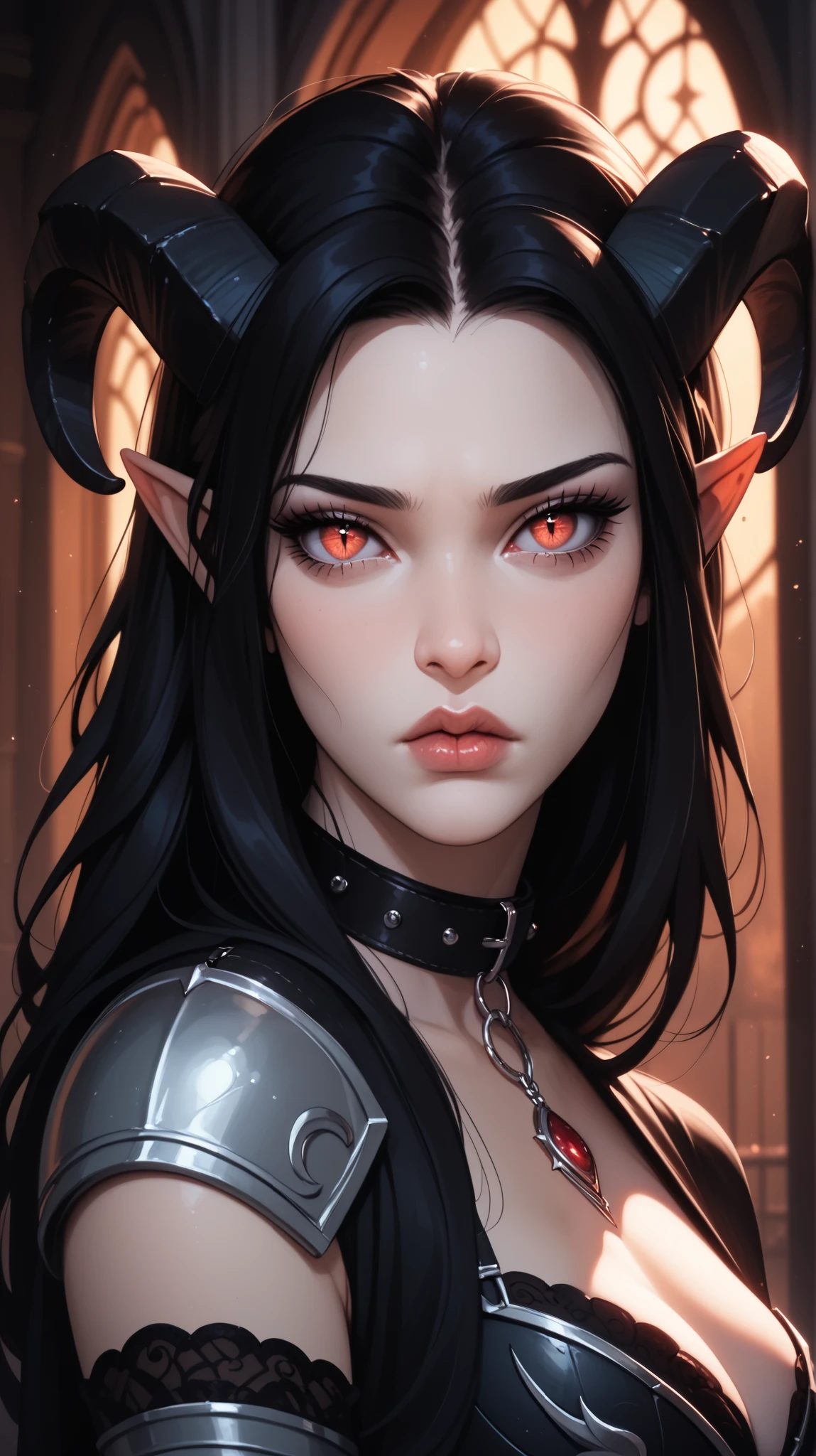 score_9, score_8_ upwards, score_7_ upwards, score_6_ upwards, score_5_ upwards, ((( beautiful , high quality))), sadness, looks towards , portrait, score_9, score_8_ upwards, score_7_ upwards, black sclera , slit p upwardsils, tiefling, spider eyes , white skin, black hair, armor, dark background , blurred background, Gothic, posing, at night, sadness, realistic natural light , big , beautiful detailed lips , long lashes , good anatomy, seductive look, big thick black horns, black clothes, collar, dark fantasy, 8 k, photorealistic