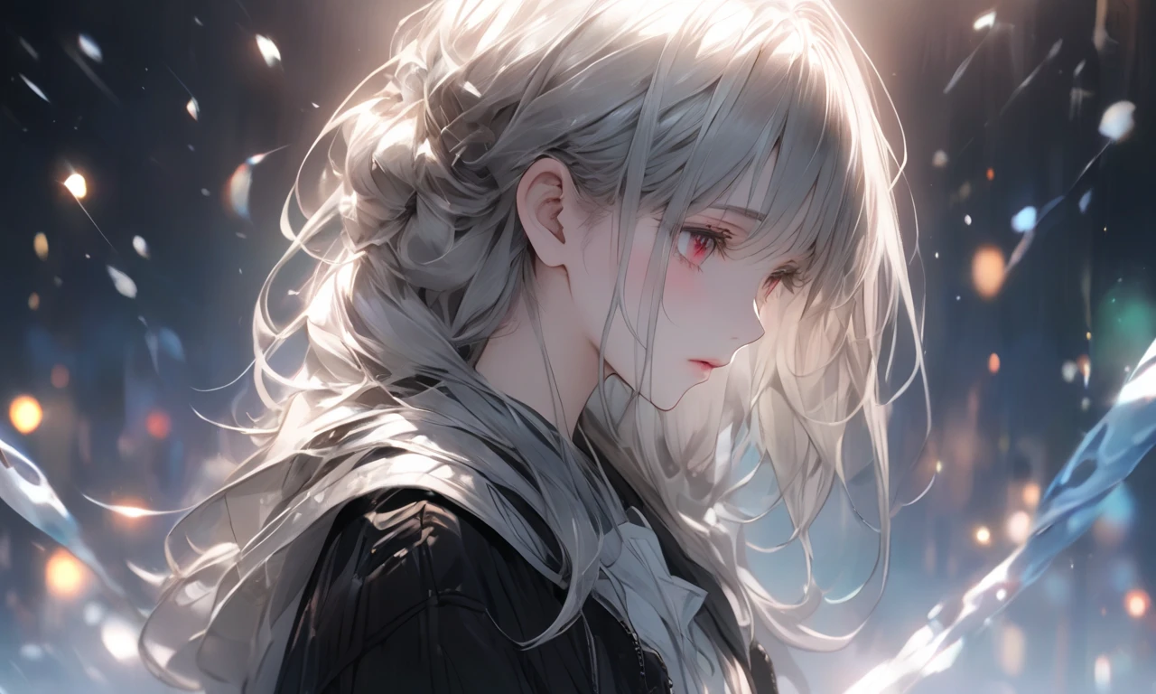 A young woman stands alone, holding a cold air with a pensive expression, feeling both anxiety and strength. An atmosphere of quiet reflection and hope hangs over her. There is a strong will on her face. There is soft and delicate shading, giving a sense of inner strength amid uncertainty. The scene conveys a sense of inner conflict and introspection, highlighting doubts and anxieties. Highly detailedElegant and detailed, adding a dramatic and symbolic element to the scene, deep borders, bokeh, smooth textures, ultra detailed, high resolution, ultra detailed, (best quality, 16K, high resolution, masterpiece), subtle colors, vibrant colors, professional lighting, beautiful details with little projection, long hair silver hair, silver hair woman, pale skin, red eyes, rough fashion, mini skirt