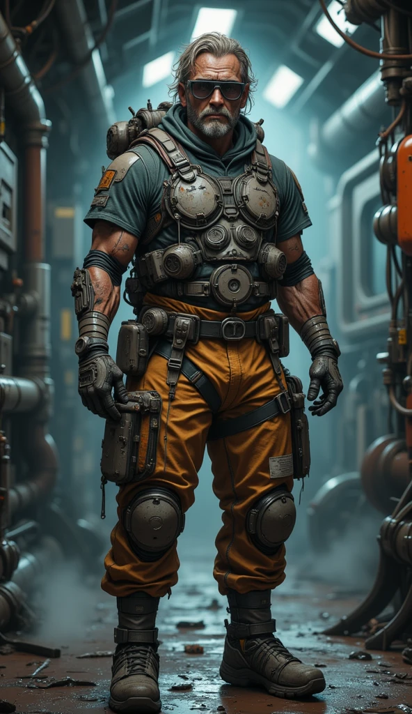 Photorealistic. a  photo of a mechanic of an interstellar modular transport ship. 55 years old. Tane skin, 3 day stubble, dirty, sticky hair and face, dark circles around eyes, stains of sweat and oil on the chest, dirty mechanic dunfarees full of patches, zip belts, hi-tech organic-like shaped life supporting system, dirty sweaty t-shirt, little vent holes, ankle hi-tech shoes, rubber elbow and knee pads, worker belts on waist and chests, equipped with many complicated tools. Hi-tech backpack. Protecting gloves, small futuristic communicator on head, ptotecting hi-tech glasses moved up on forehead, stocky posture. Standing on a dirty technical corridor of a exploited hi-tech spaceship. Dark, Low power supply lighting, muted colours, steam spreading from pipes, lots of vires hanging suspended under sealing, industrial gear on walls. Complementary teal colour scheme. Dark Sci-fi movie aesthetics, hi- tech nanotechnology, cyberpunk vibe, futuristic shapes and materials, strong shadows, dark background, hot, tropical atmosphere, strong film grain. Hyper detailed. Front view.