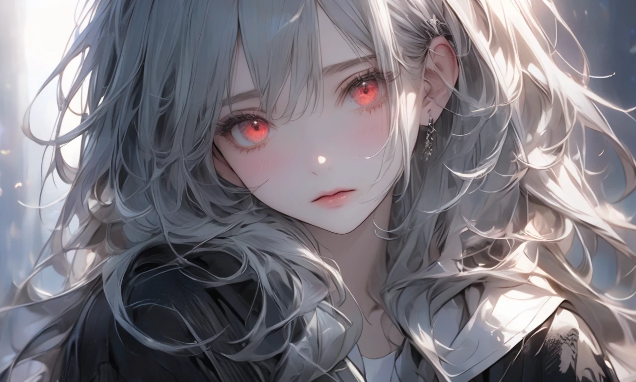 A young woman stands alone, holding a cold air with a pensive expression, feeling both anxiety and strength. An atmosphere of quiet reflection and hope hangs over her. There is a strong will on her face. There is soft and delicate shading, giving a sense of inner strength amid uncertainty. The scene conveys a sense of inner conflict and introspection, highlighting doubts and anxieties. Highly detailedElegant and detailed, adding a dramatic and symbolic element to the scene, deep borders, bokeh, smooth textures, ultra detailed, high resolution, ultra detailed, (best quality, 16K, high resolution, masterpiece), subtle colors, vibrant colors, professional lighting, beautiful details with little projection, long hair silver hair, silver hair woman, pale skin, red eyes, rough fashion, mini skirt