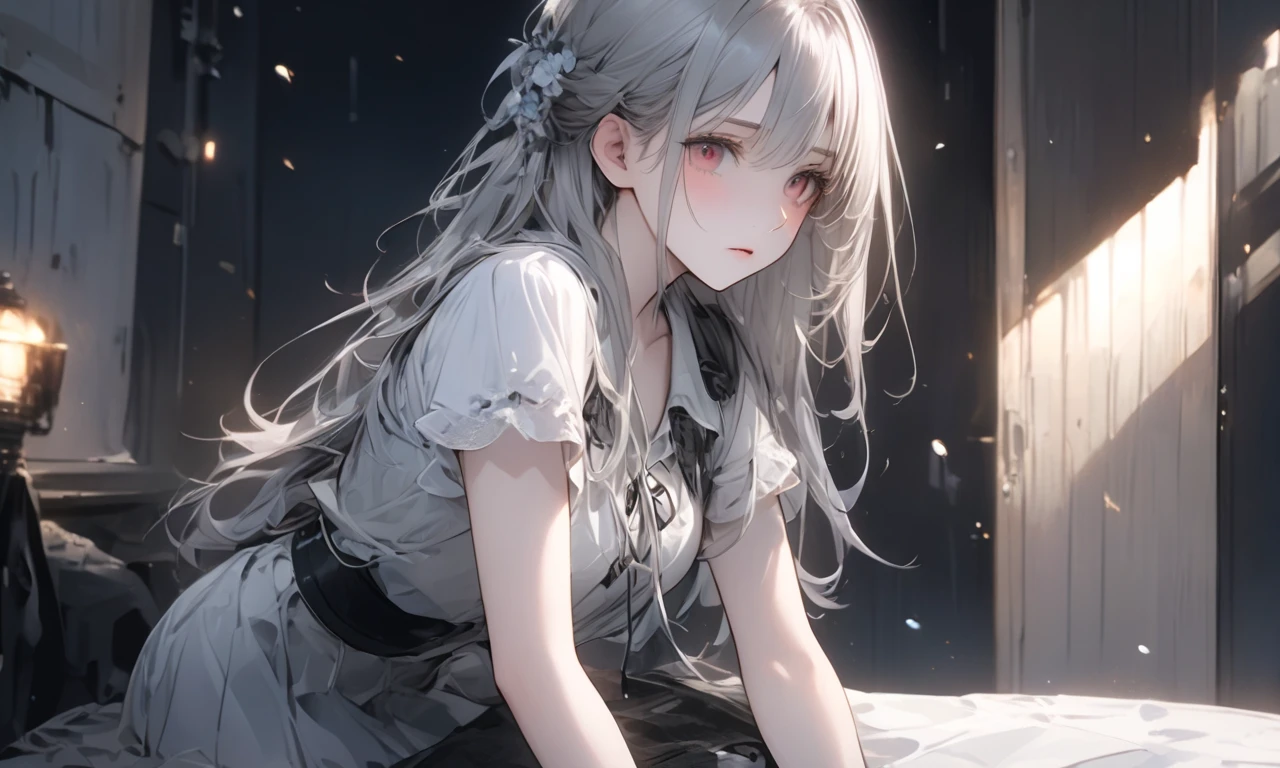 A young woman stands alone, holding a cold air with a pensive expression, feeling both anxiety and strength. An atmosphere of quiet reflection and hope hangs over her. There is a strong will on her face. There is soft and delicate shading, giving a sense of inner strength amid uncertainty. The scene conveys a sense of inner conflict and introspection, highlighting doubts and anxieties. Highly detailedElegant and detailed, adding a dramatic and symbolic element to the scene, deep borders, bokeh, smooth textures, ultra detailed, high resolution, ultra detailed, (best quality, 16K, high resolution, masterpiece), subtle colors, vibrant colors, professional lighting, beautiful details with little projection, long hair silver hair, silver hair woman, pale skin, red eyes, rough fashion, mini skirt