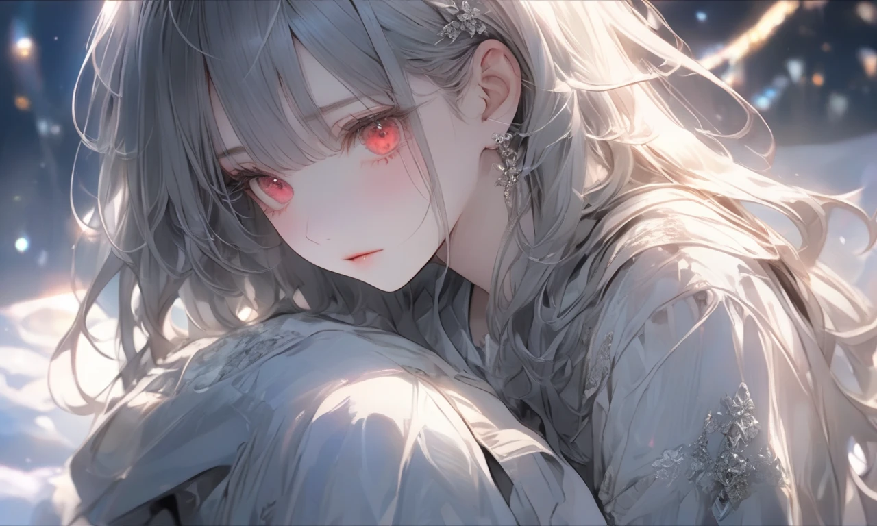 A young woman stands alone, holding a cold air with a pensive expression, feeling both anxiety and strength. An atmosphere of quiet reflection and hope hangs over her. There is a strong will on her face. There is soft and delicate shading, giving a sense of inner strength amid uncertainty. The scene conveys a sense of inner conflict and introspection, highlighting doubts and anxieties. Highly detailedElegant and detailed, adding a dramatic and symbolic element to the scene, deep borders, bokeh, smooth textures, ultra detailed, high resolution, ultra detailed, (best quality, 16K, high resolution, masterpiece), subtle colors, vibrant colors, professional lighting, beautiful details with little projection, long hair silver hair, silver hair woman, pale skin, red eyes, rough fashion, mini skirt, full body
