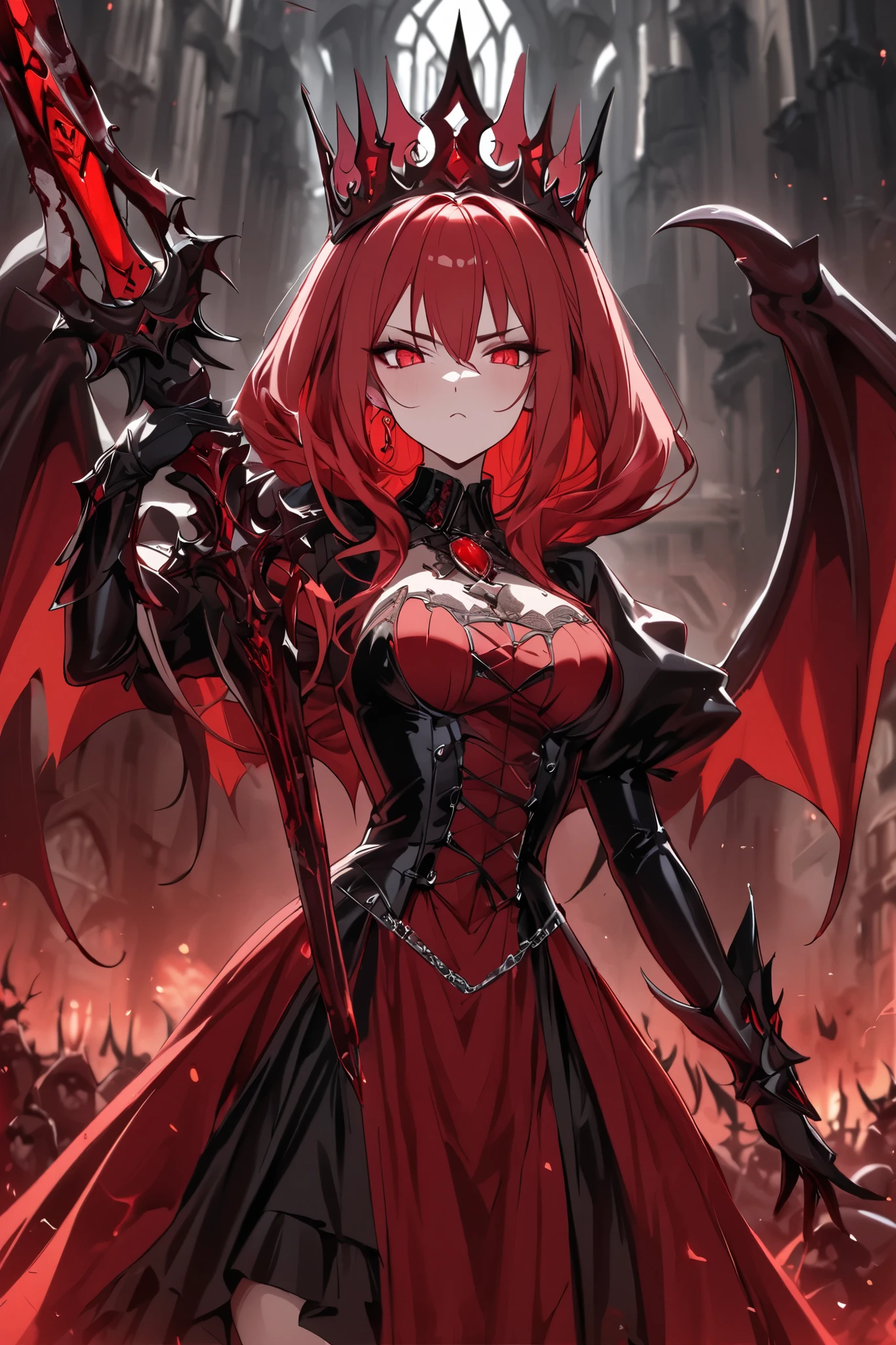 Queen of hell, dark/dark red dress, bloody crown, hell castle bg, ((fully clothed)), holding a vampire/hell sword behind her in her right hand, best quality, masterpiece, better face