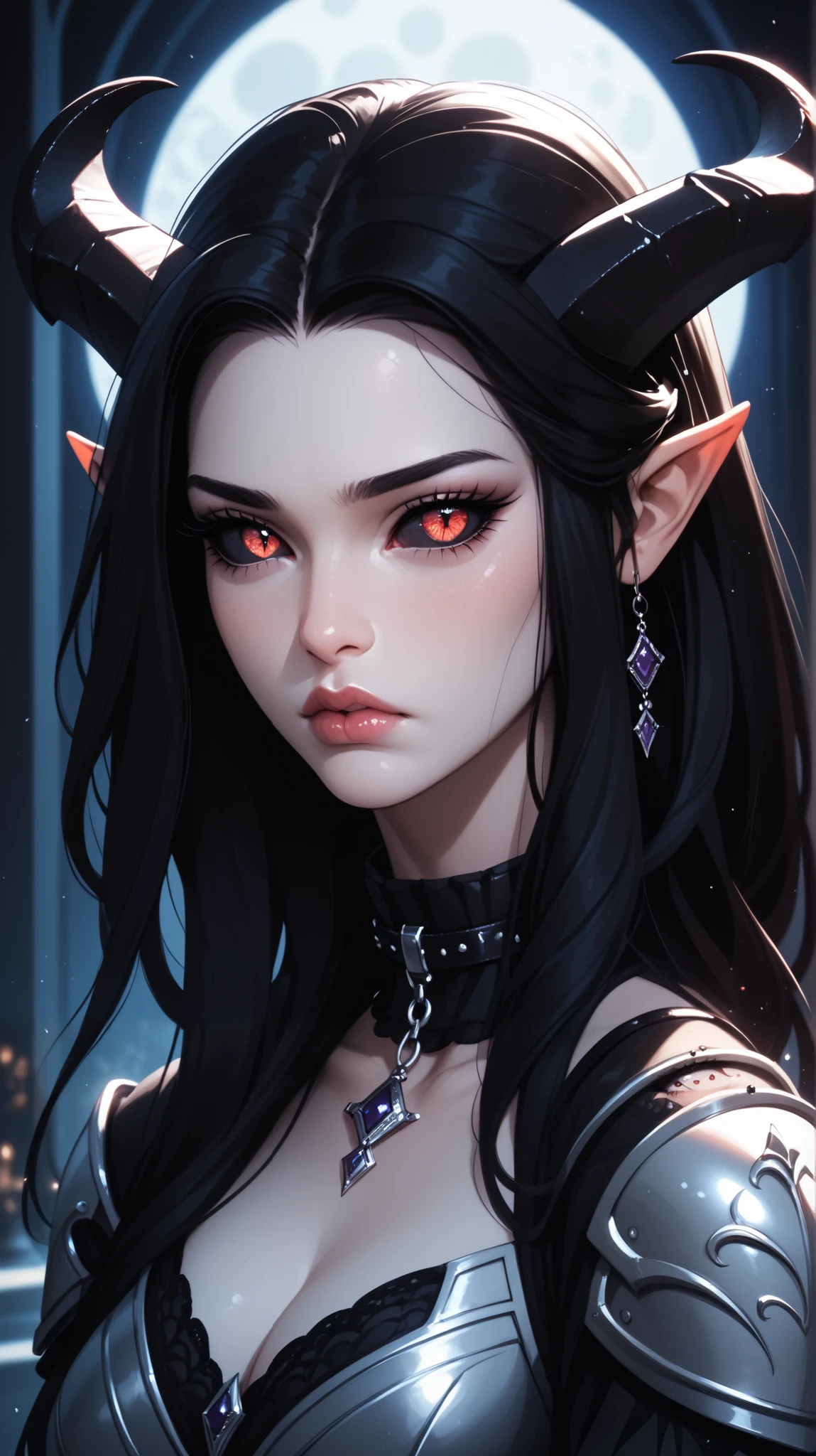 score_9, score_8_ upwards, score_7_ upwards, score_6_ upwards, score_5_ upwards, ((( beautiful , high quality))), sadness, looks towards , portrait, score_9, score_8_ upwards, score_7_ upwards, black sclera , slit p upwardsils, tiefling, spider eyes , white skin, black hair, armor, dark background , blurred background, Gothic, posing, at night, sadness, realistic natural light , big , beautiful detailed lips , long lashes , good anatomy, seductive look, big thick black horns, black clothes, collar, dark fantasy, 8 k, photorealistic
