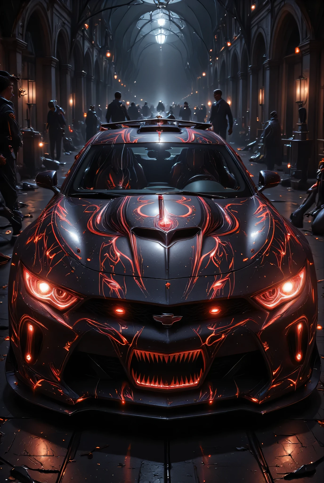 animation comic if a vampire was Chevrolet Camaro, incorporate horror motives and design, vibrant, Ultra-high resolution, High Contrast, (masterpiece:1.5), highest quality, Best aesthetics), best details, best quality, highres, 16k, (ultra detailed: 1.5), masterpiece, best quality, (extremely detailed) RAW, (ultra details, Masterpiece, best quality), invert color