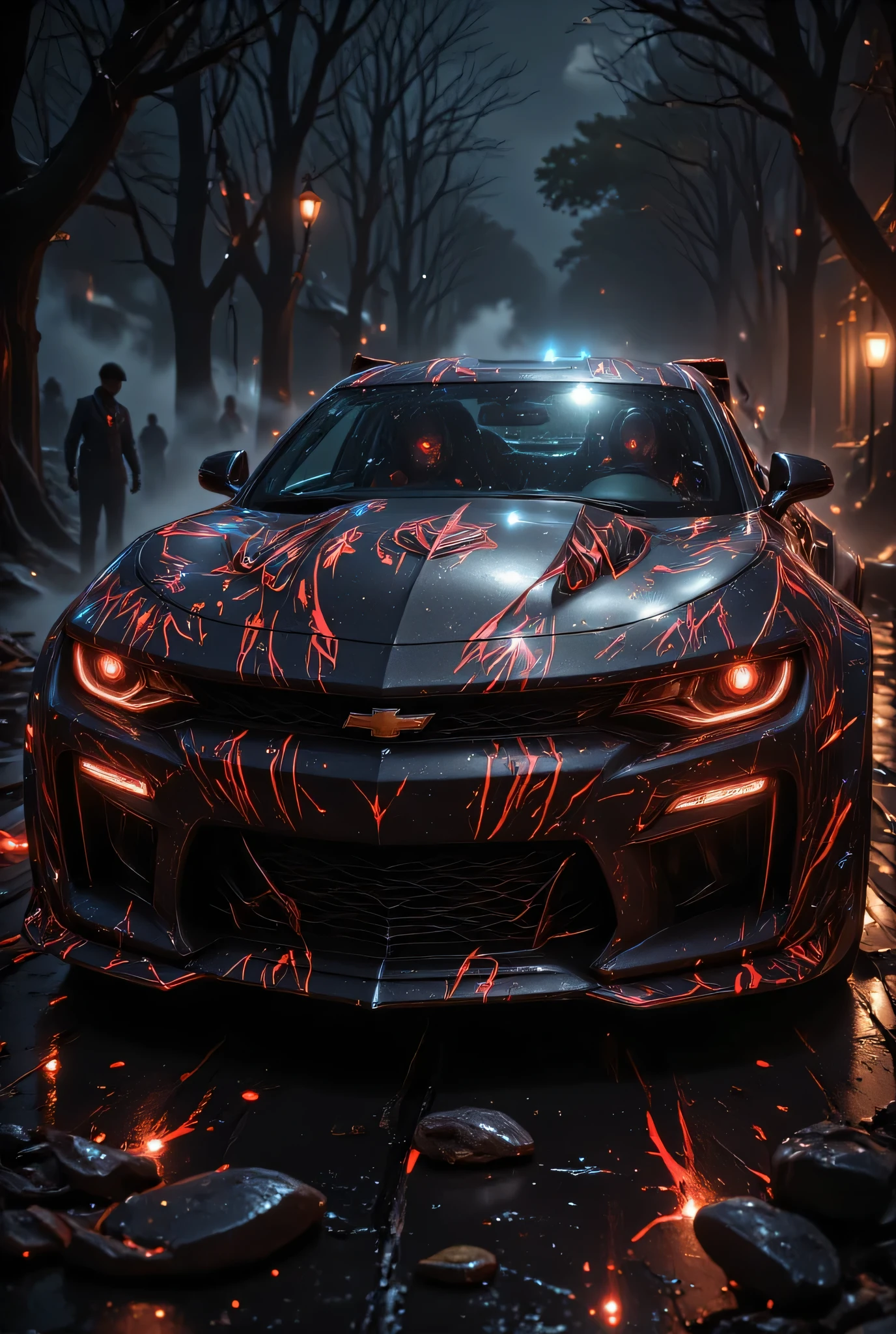 animation comic if a vampire was Chevrolet Camaro, incorporate horror motives and design, vibrant, Ultra-high resolution, High Contrast, (masterpiece:1.5), highest quality, Best aesthetics), best details, best quality, highres, 16k, (ultra detailed: 1.5), masterpiece, best quality, (extremely detailed) RAW, (ultra details, Masterpiece, best quality), invert color