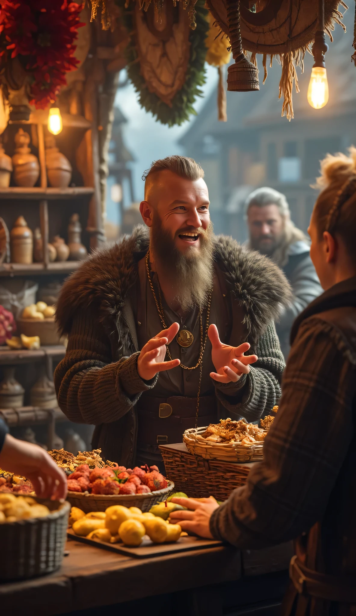 Prompt:    Create a stunning ultra HD 8K image using Unreal Engine 5 that features a symmetrically panoramic scenery balanced composition of a realistically handsome Viking male merchant in full body. He is warmly engaging with customers in his merchant shop, surrounded by intricately highlighted goods. The scene should capture a cheerful and life-like expression on his face, showcasing the joy of trading in an ancient medieval Viking port. The background should be a beautifully detailed Viking port, rendered with intricate symmetry and leading lines to draw the viewer's eye. Use the best soft lighting to enhance the realism, ensuring the full depth of field is achieved. Pay special attention to the anatomical accuracy of his hands, showcasing meticulous detail in the rendering of human fingers. Additionally, incorporate elements like shiny hair and a vibrant atmosphere to create a lifelike ambiance, resembling high-quality artwork typically found on platforms like ArtStation and DeviantArt.