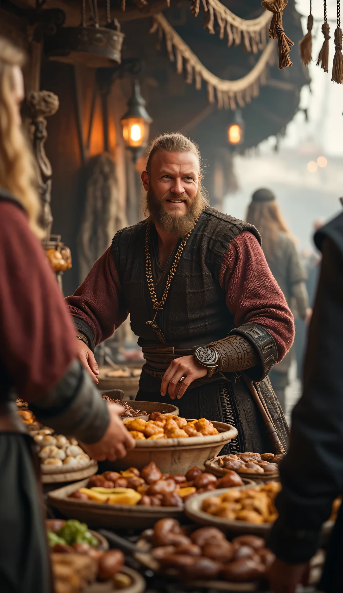 Prompt: Create a stunning ultra HD 8K image using Unreal Engine 5 that features a symmetrically panoramic scenery balanced composition of a realistically handsome Viking male merchant in full body. He is warmly engaging with customers in his merchant shop, surrounded by intricately highlighted goods. The scene should capture a cheerful and life-like expression on his face, showcasing the joy of trading in an ancient medieval Viking port. The background should be a beautifully detailed Viking port, rendered with intricate symmetry and leading lines to draw the viewer's eye. Use the best soft lighting to enhance the realism, ensuring the full depth of field is achieved. Pay special attention to the anatomical accuracy of his hands, showcasing meticulous detail in the rendering of human fingers. Additionally, incorporate elements like shiny hair and a vibrant atmosphere to create a lifelike ambiance, resembling high-quality artwork typically found on platforms like ArtStation and DeviantArt.