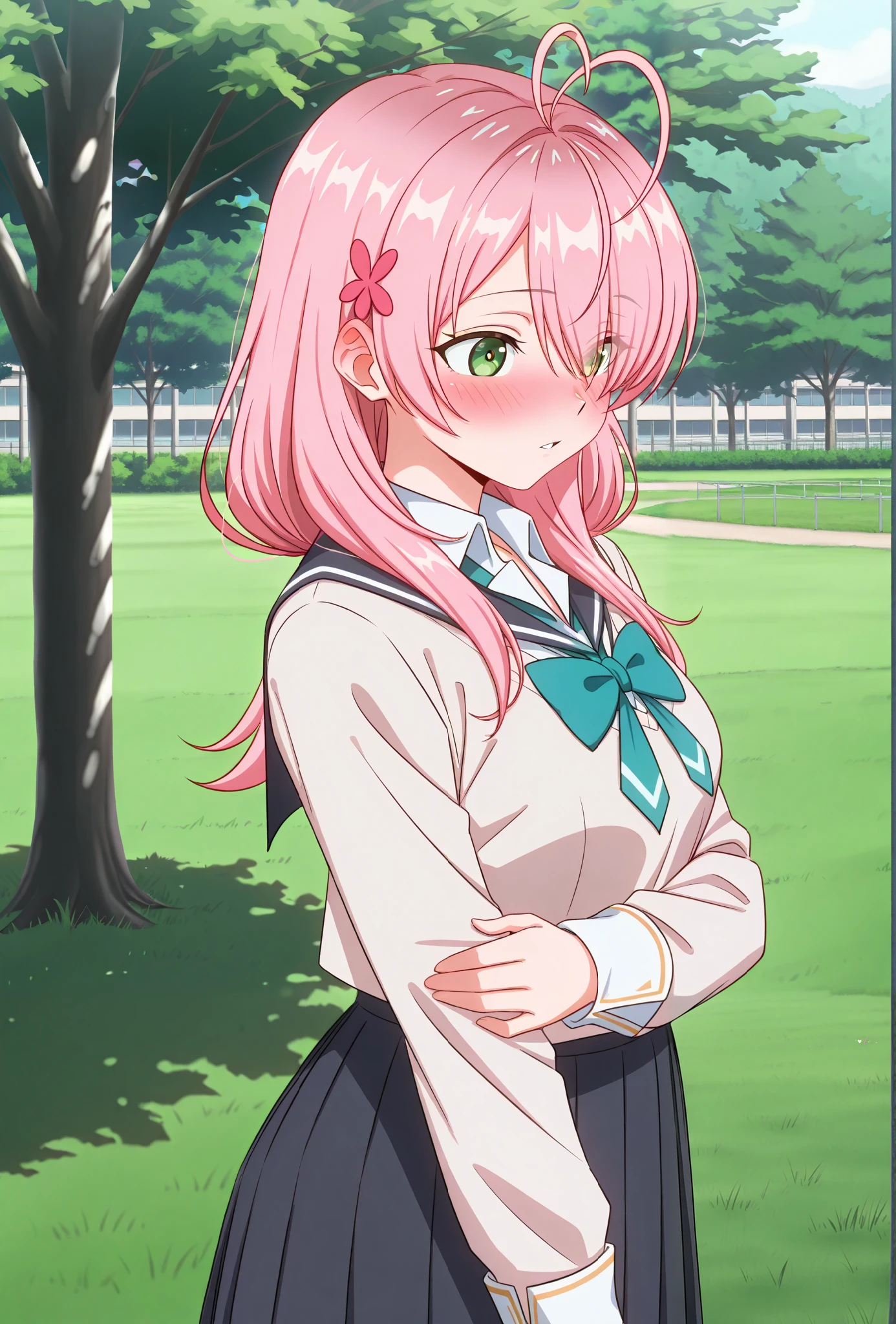 (masterpiece, best quality, very aesthetic, absurdres:1.2), score_9, score_8_up, score_7_up, cabronpr, (at school, grass, tree background:1.2), (anime theme:1.2), pink hair, green shiny eyes, 1girl, long hair, heart antenna hair, hair over eye, cute low pigtails, cute girl, school uniform sweater, sailor school uniform, pleated skirt, at school, grass, tree, parted lips, blushing love, medium breasts