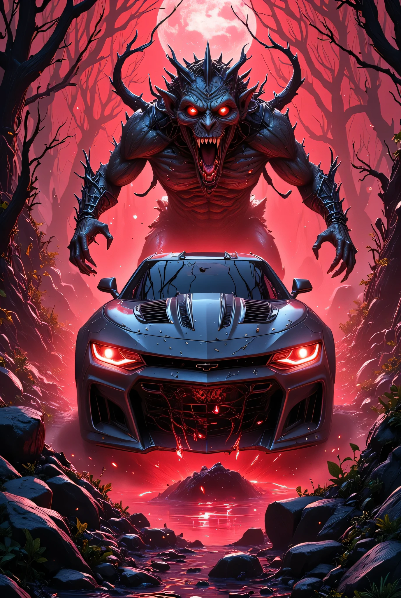 animation comic if a vampire was Chevrolet Camaro, incorporate horror motives and design, vibrant, Ultra-high resolution, High Contrast, (masterpiece:1.5), highest quality, Best aesthetics), best details, best quality, highres, 16k, (ultra detailed: 1.5), masterpiece, best quality, (extremely detailed) RAW, (ultra details, Masterpiece, best quality), invert color, aidmaDarkfantasy