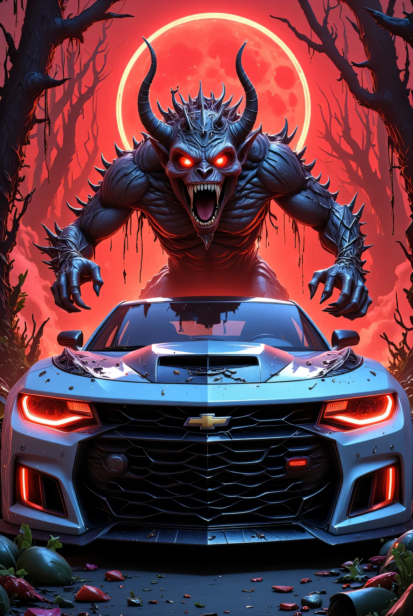animation comic if a vampire was Chevrolet Camaro, incorporate horror motives and design, vibrant, Ultra-high resolution, High Contrast, (masterpiece:1.5), highest quality, Best aesthetics), best details, best quality, highres, 16k, (ultra detailed: 1.5), masterpiece, best quality, (extremely detailed) RAW, (ultra details, Masterpiece, best quality), invert color, aidmaDarkfantasy