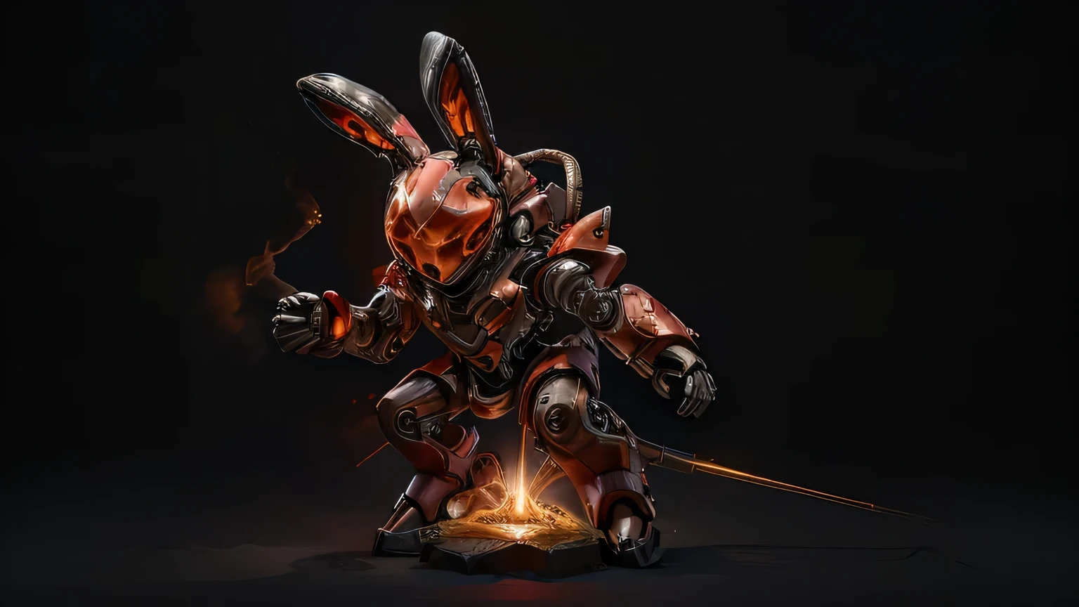 a slender rabbit robot with red and orange armor with black stripes. There is a laser cannon on its arm located around the volcanic magma