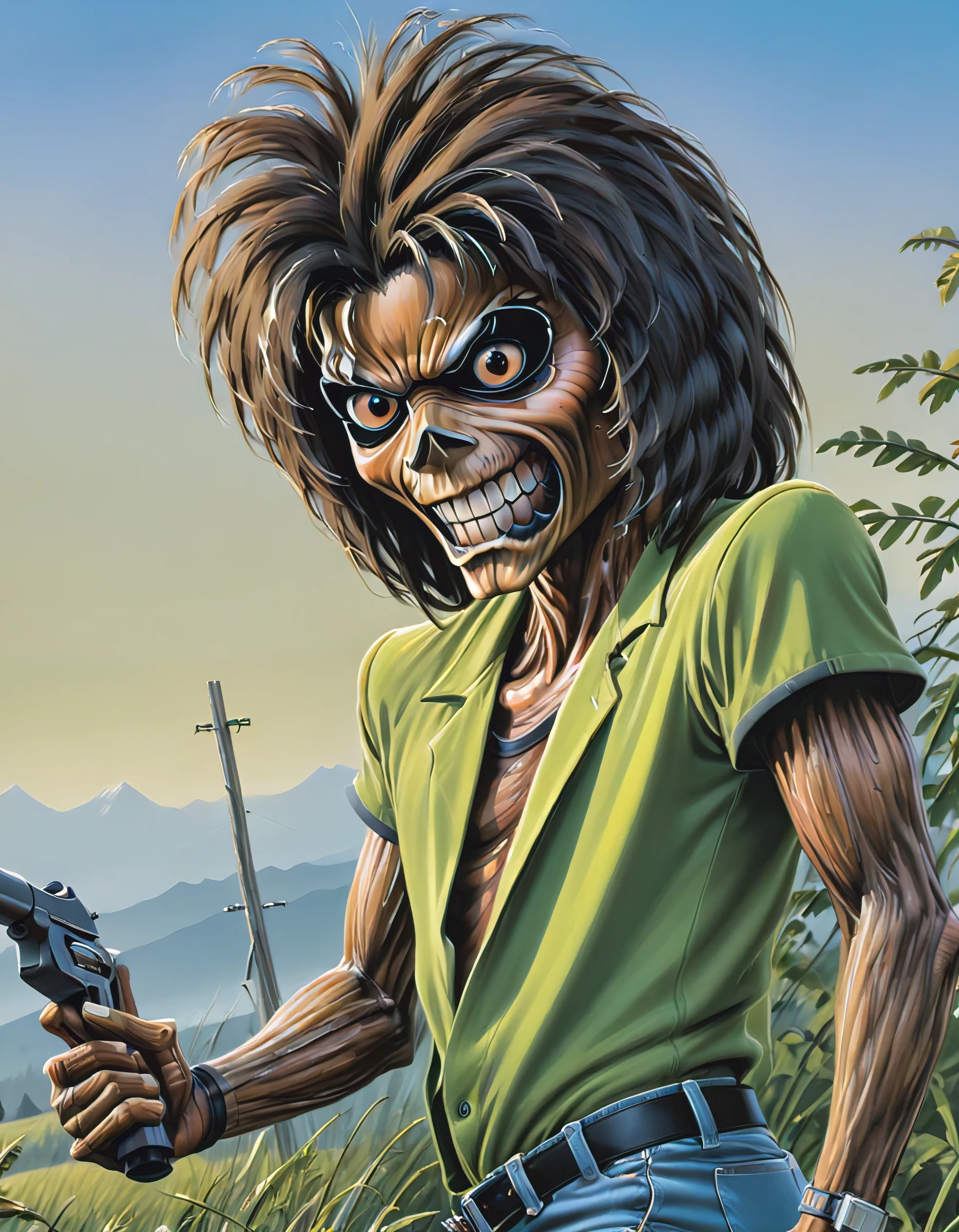 masterpiece , top quality, best quality , higher quality , more detailed, Simon Stlenhag's style, hmvi style , close up, Ink art of a monster, dressed as Michael Jackson in his Thriller video , Iron Maiden 1988 poster, full color illustration, an airbrush painting