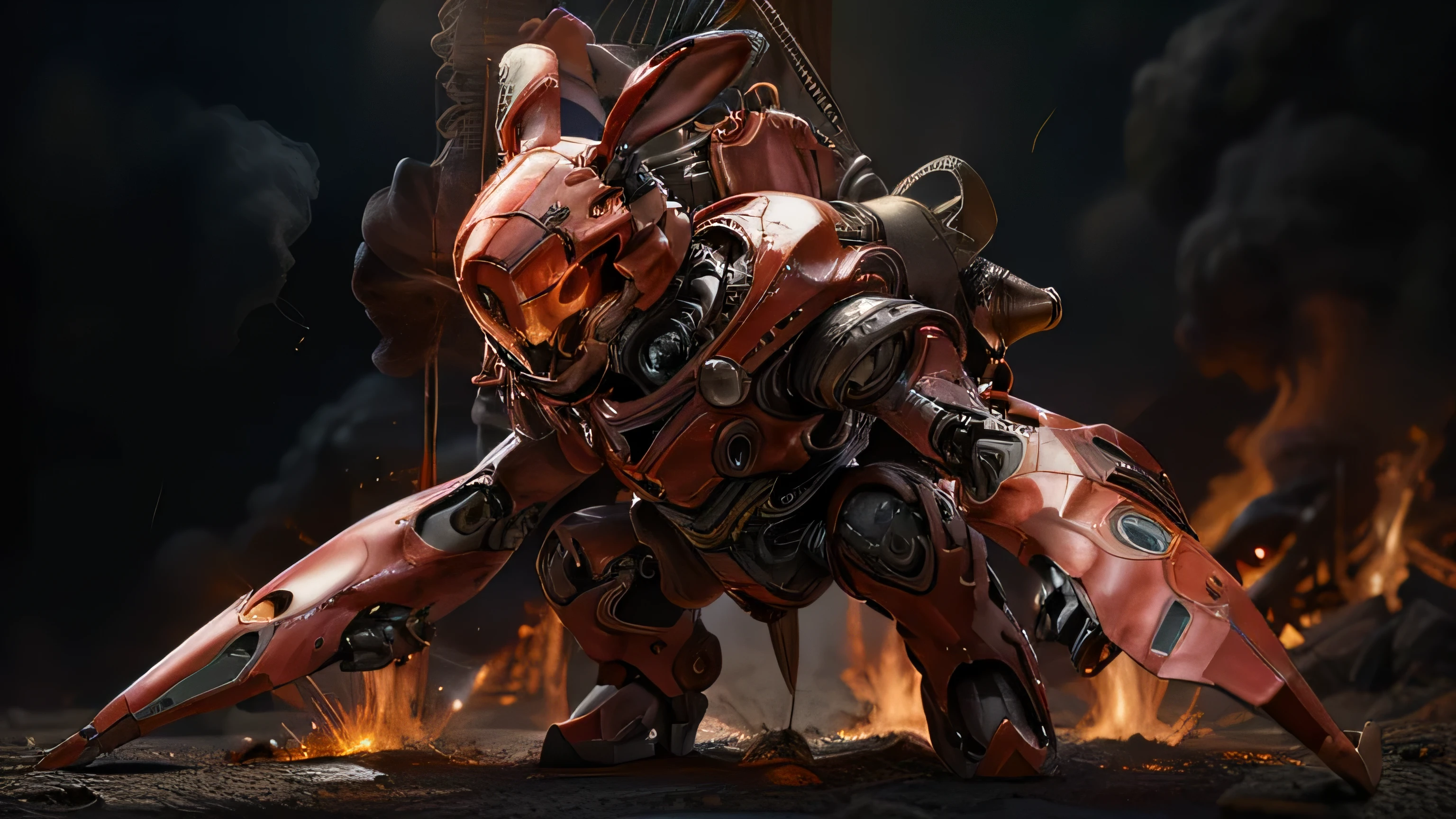 a slender rabbit robot with red and orange armor with black stripes. There is a laser cannon on its arm located around the volcanic magma
