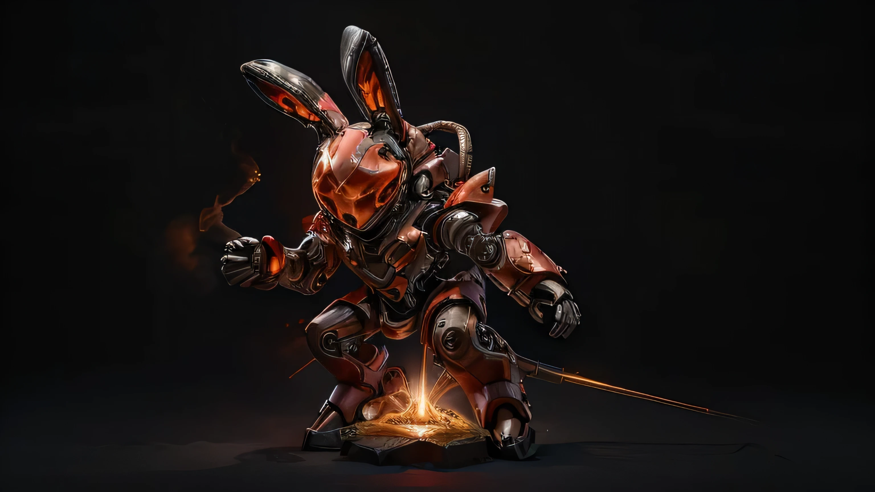a slender rabbit robot with red and orange armor with black stripes. There is a laser cannon on its arm located around the volcanic magma