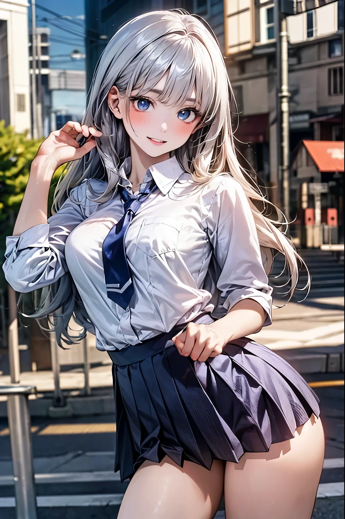 Masterpiece, Best quality, Sunset, Cityscape, Real, Huge_filesize, Everyone, Girl, Long hair, White hair, Wavy hair, Beautiful detailed eyes, Medium breasts, seifuku, Shorts under the skirt, fishnets pantyhose, Earrings, pendant, shackle, Chains, Light smile, Miniskirt,
