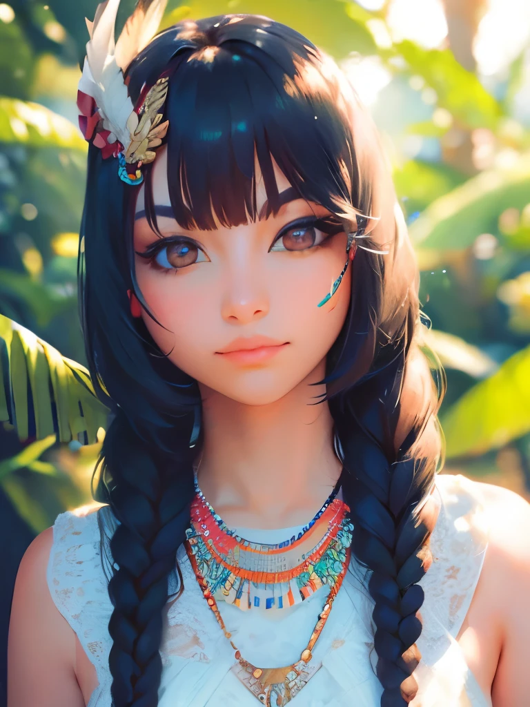 imagine a beautiful 18 year old American unabashed hippie girl with beautiful large realistic full luscious natural breasts at the Woodstock concert in 1969., long wavy tousled black hair with hippie style headband, many braids and ribbons, wreath, grey-blue eyes, ultra realistic eyes, stoned look, tanned skin, natural tan, wear hippie clothes, cropped translucent linen sundress in hippie style with embroidery on the naked body, psychedelic jewelry, hippie berry earrings, hippie acorn necklace, Ultra detailed face, Ultra realistic skin, the body of the fugitive, 8 K, ultra high resolution.photorealistic, UHD close-up shot, I look at the viewer, hovering gaze, wide good-natured smile, Stone Face, relaxed, (Peace and Love, Woodstock 1969 atmosphere, Outdoor rock concert in the background:1.3), RAW photo, spicy