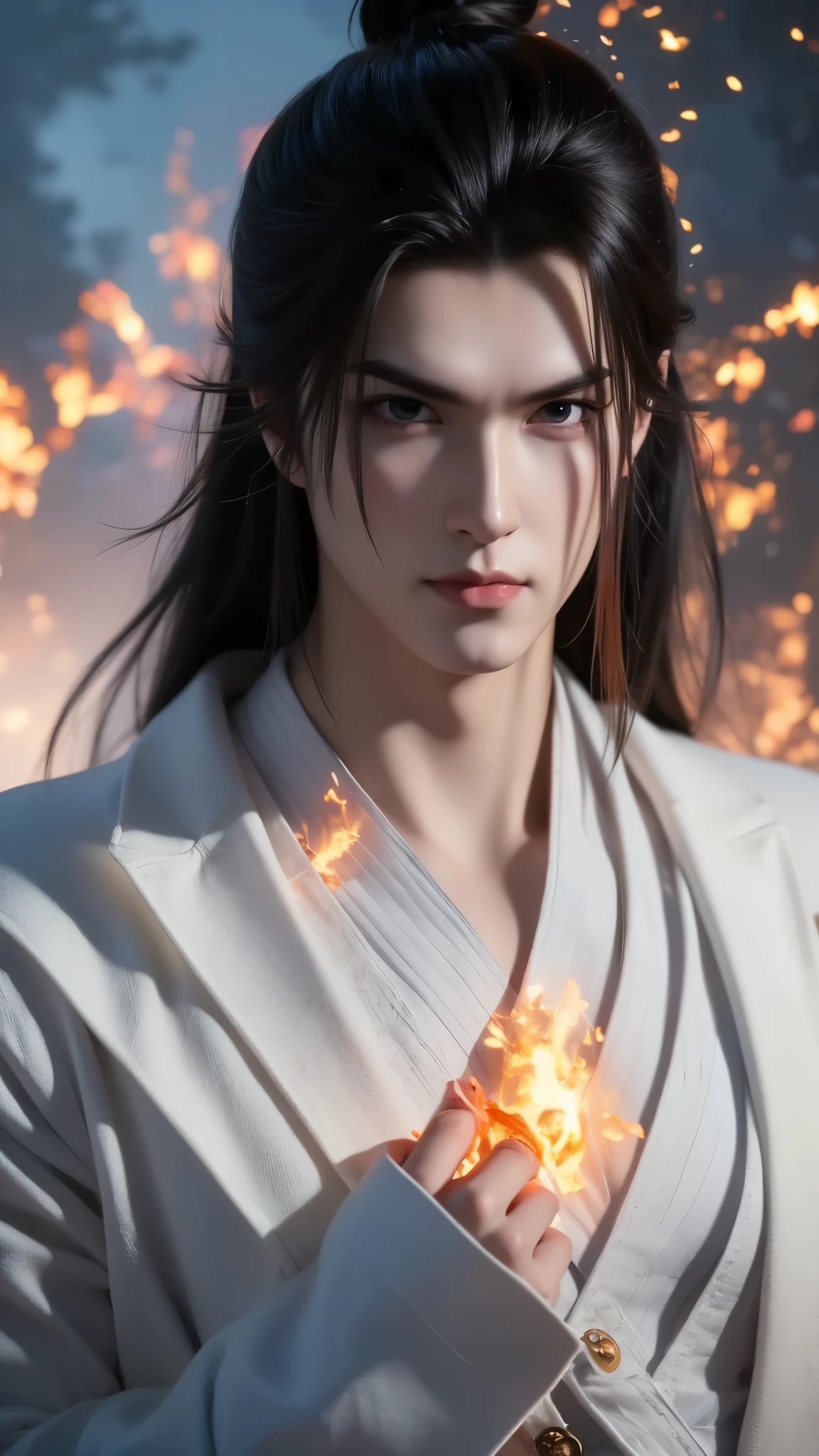 Vuong Lam's portrait is beautiful, emotionless, exuding a cold, majestic temperament tinged with loneliness. His deep, piercing blue eyes looked at his opponents, reflecting his perseverance and an incomprehensible inner world, shaped by countless trials. His handsome, sharp face exudes determination and intelligence. His flowing red hair in the ancient Tien Hiep style further enhances his elegant appearance. He wears an exquisite period costume, battle scars - blood on his face and pale lips - mark his recent struggle.The image is a dynamic, digital artwork featuring a stylized figure with exaggerated, muscular humanoid form. The central figure is cloaked in dark tones, providing a silhouette-like appearance against the fiery background. The figure's pose suggests motion and power, with outstretched arms and a defiant stance that gives the impression of confident action or thunderous arrival. The background bursts with vibrant red flames. Original cinematography