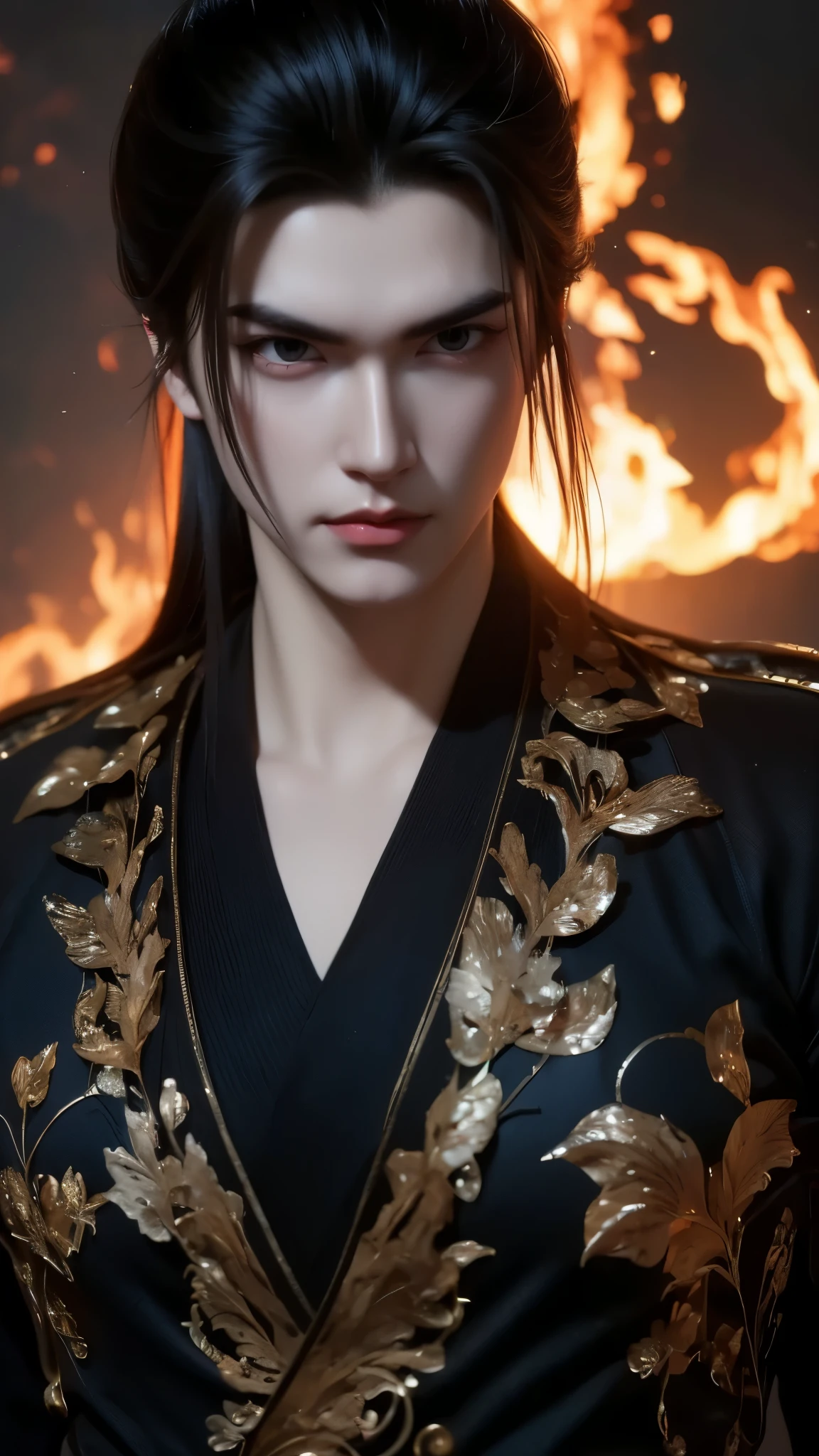 Vuong Lam's portrait is beautiful, emotionless, exuding a cold, majestic temperament tinged with loneliness. His deep, piercing blue eyes looked at his opponents, reflecting his perseverance and an incomprehensible inner world, shaped by countless trials. His handsome, sharp face exudes determination and intelligence. His flowing red hair in the ancient Tien Hiep style further enhances his elegant appearance. He wears an exquisite period costume, battle scars - blood on his face and pale lips - mark his recent struggle.The image is a dynamic, digital artwork featuring a stylized figure with exaggerated, muscular humanoid form. The central figure is cloaked in dark tones, providing a silhouette-like appearance against the fiery background. The figure's pose suggests motion and power, with outstretched arms and a defiant stance that gives the impression of confident action or thunderous arrival. The background bursts with vibrant red flames. Original cinematography