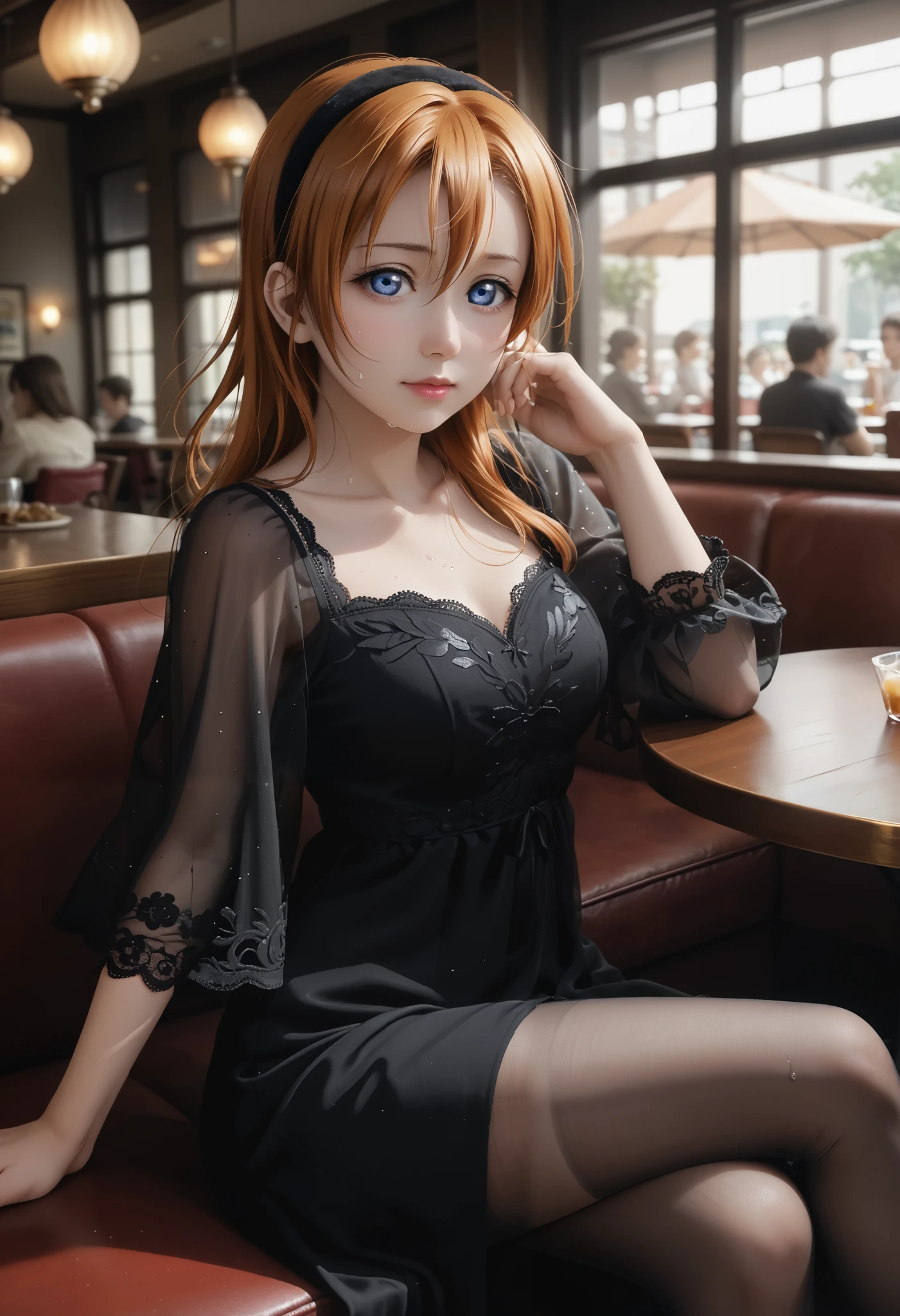 Realistic, love live,kousaka honoka ,love live, blue eyes, orange hair, 8k wallpaper, Black Dress, Sheer Sleeves, Lace Details, Deep Neckline, Black head band on forehead, Gold Jewelry, Elegant Style, chest exposed,Cozy Seating, sitting,short dress, restaurant,solo focus, looking at viewer, pantyhose, sweating, crossed legs