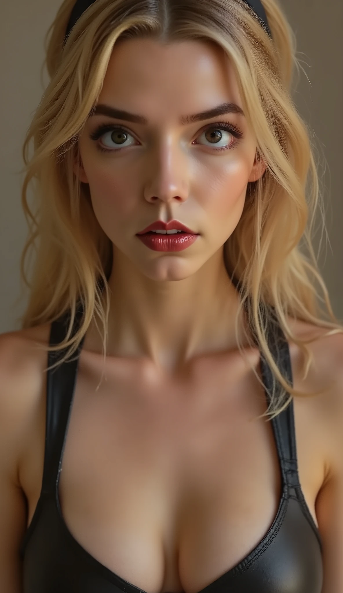 quality & silent:
full body photo, (8k Ultra HD, erotic cover photo, photorealistic, masterful lighting , cinematic lighting, ultra-detailed eyes , Lips & hair, razor sharp, flawless skin, dramatic light & shadow contrasts ).
🎭 Scene & background:
Neutraler Studio- background – sanftes Bokeh oder monochrome Farbverläufe für stilvolle Eleganz.
Different lighting — high-key for fresh radiance , low-key for a mysterious , dramatic atmosphere .
👩 Figure & Styling:
female model inspired by Alicia Melchiott & Anya Taylor-Joy.
Seductive cowboy military look — stylized military uniform with short sleeves , figure-hugging cut , fine fabrics with fine details .
Headdress & Twintails – sanft fallende hair mit akkuratem Styling.
necktie & Thighhighs – betont die schlanke Figure und setzt verführerische Akzente.
📷 Pose & Facial expressions:
image section : head down to chest (Cowboy Shot).
different viewing angles : Straight into the camera , over your shoulder , slight head tilt with intense charisma .
Variierende Facial expressions: Confident smile, playful look, gentle seduction .
Dynamische Pose: crossed arms accentuate the posture , Hands light on neck or tie for a sensual touch .
✨ A top-class , professionelles Shooting mit Military-Erotik & stylish elegance . ✨