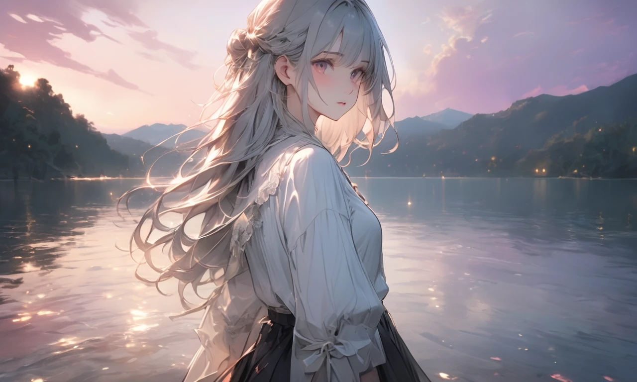 "Anime-style illustration of a serene lake at dusk with a soft pink and purple sky. Gentle ripples on the water reflect the fading light, creating a dreamy and nostalgic atmosphere. A lone female figure stands at the shore, gazing into the distance, lost in thought. The art has a soft, painterly touch."A young woman stands alone, holding a cold air with a pensive expression, feeling both anxiety and strength. An atmosphere of quiet reflection and hope hangs over her. There is a strong will on her face. There is soft and delicate shading, giving a sense of inner strength amid uncertainty. The scene conveys a sense of inner conflict and introspection, highlighting doubts and anxieties. Highly detailedElegant and detailed, adding a dramatic and symbolic element to the scene, deep borders, bokeh, smooth textures, ultra detailed, high resolution, ultra detailed, (best quality, 16K, high resolution, masterpiece), subtle colors, vibrant colors, professional lighting, beautiful details with little projection, long hair silver hair, silver hair woman, pale skin, red eyes, rough fashion, mini skirt, full body
