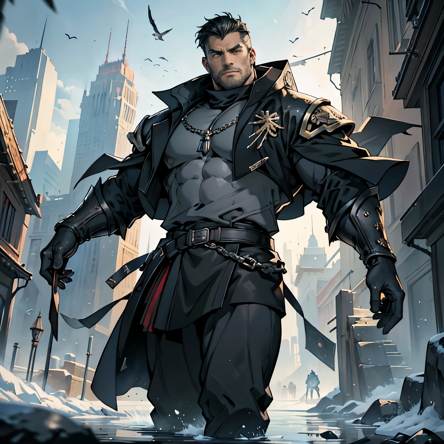 ((Best quality)), ((masterpiece)), ((realistic cartoon)), ((perfect character)):

In this stunning and highly detailed realistic cartoon, we present a male human. The man stands tall, a middle-aged man, and he's Primarch from Warhammer 40K, and powerfully built, he has greyish pale skin, long-medium raven black hair and he has a stern face. he had black eyes, wore a black coat, a black pant, and had a strong balanced muscle body.


Every element of this masterpiece is carefully designed to create a sense of realism and immersion. The intricacies of the man's clothing, the mesmerizing effects of the area around him and he was in city in winter season, and the level of detail in his weathered face all contribute to a captivating visual experience. This artwork is presented in stunning UHD resolution, allowing you to appreciate every nuance and intricacy in breathtaking detail.

Eye level, scenic, masterpiece.